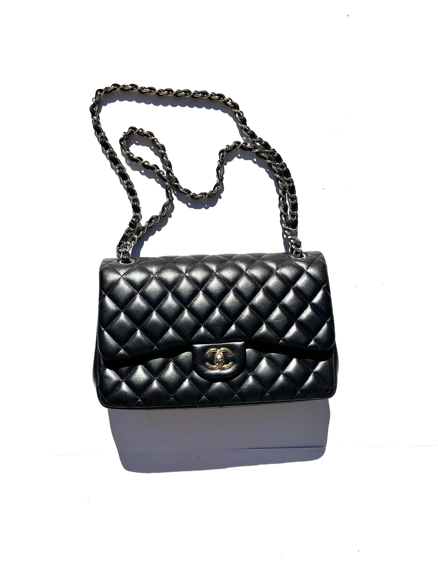 Chanel Black Lambskin Jumbo Quilted Gold Flap Bag - Rovelle Bags