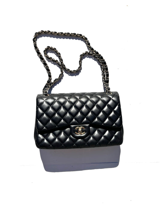 Chanel Black Lambskin Jumbo Quilted Gold Flap Bag - Rovelle Bags