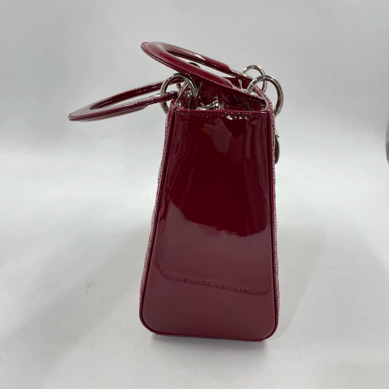 Lady Dior Medium Burgundy Patent Leather Handbag Silver Hardware