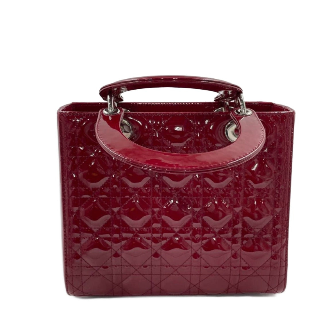 Lady Dior Medium Burgundy Patent Leather Handbag Silver Hardware