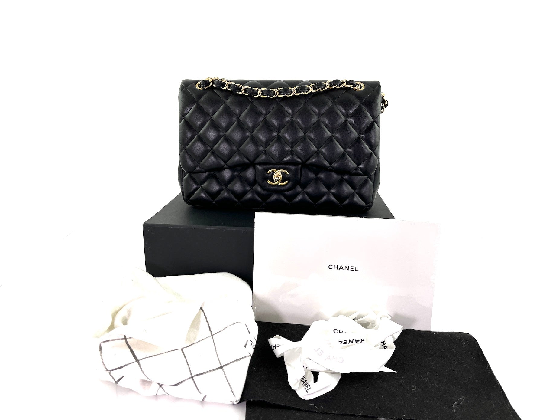 Chanel Black Lambskin Jumbo Quilted Gold Flap Bag - Rovelle Bags