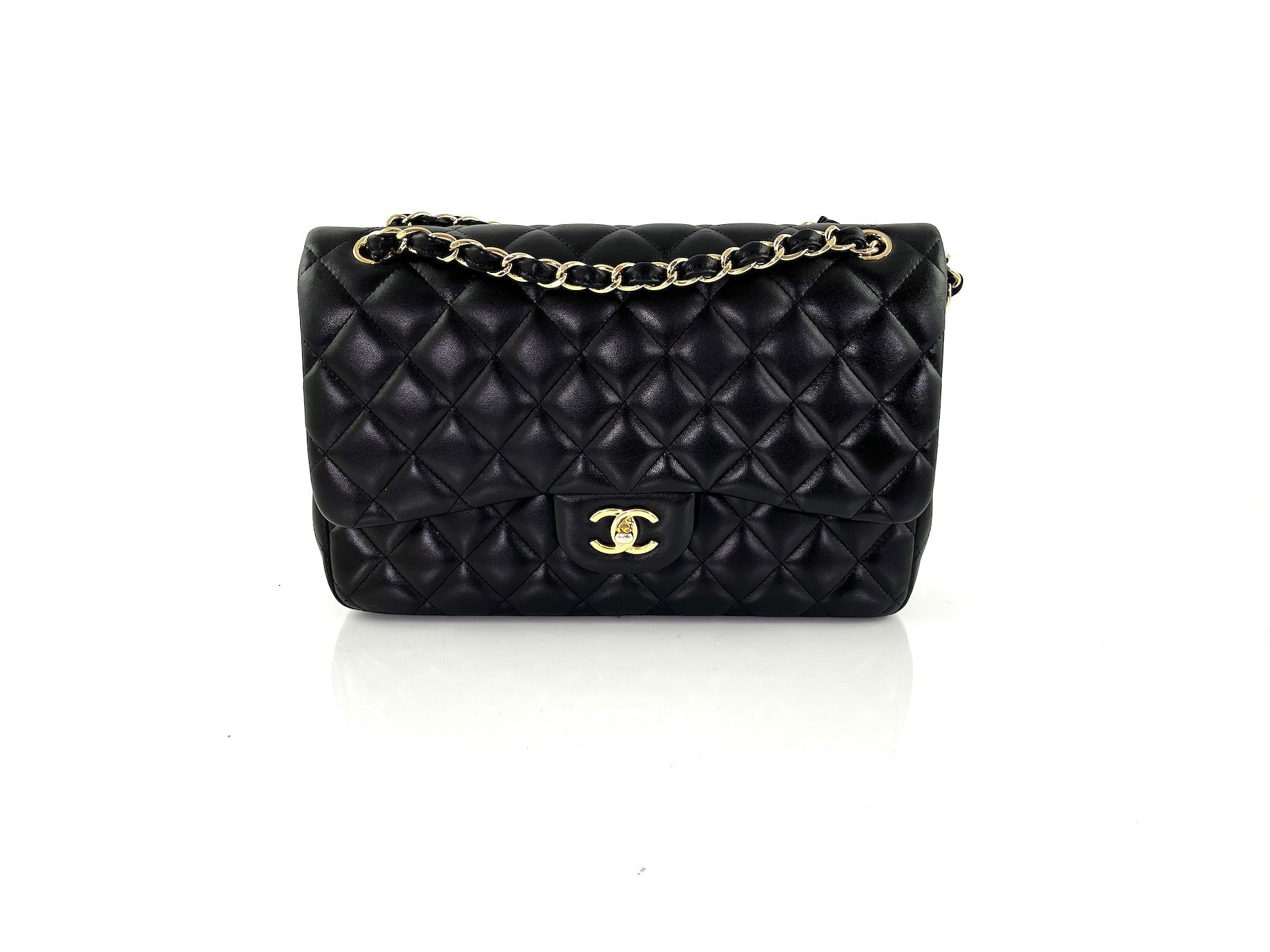 Chanel Black Lambskin Jumbo Quilted Gold Flap Bag - Rovelle Bags