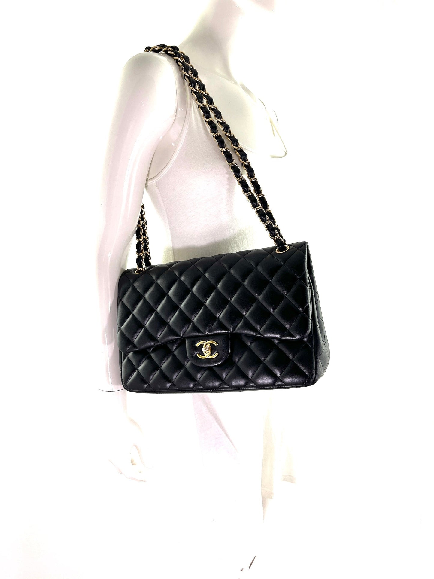 Chanel Black Lambskin Jumbo Quilted Gold Flap Bag - Rovelle Bags
