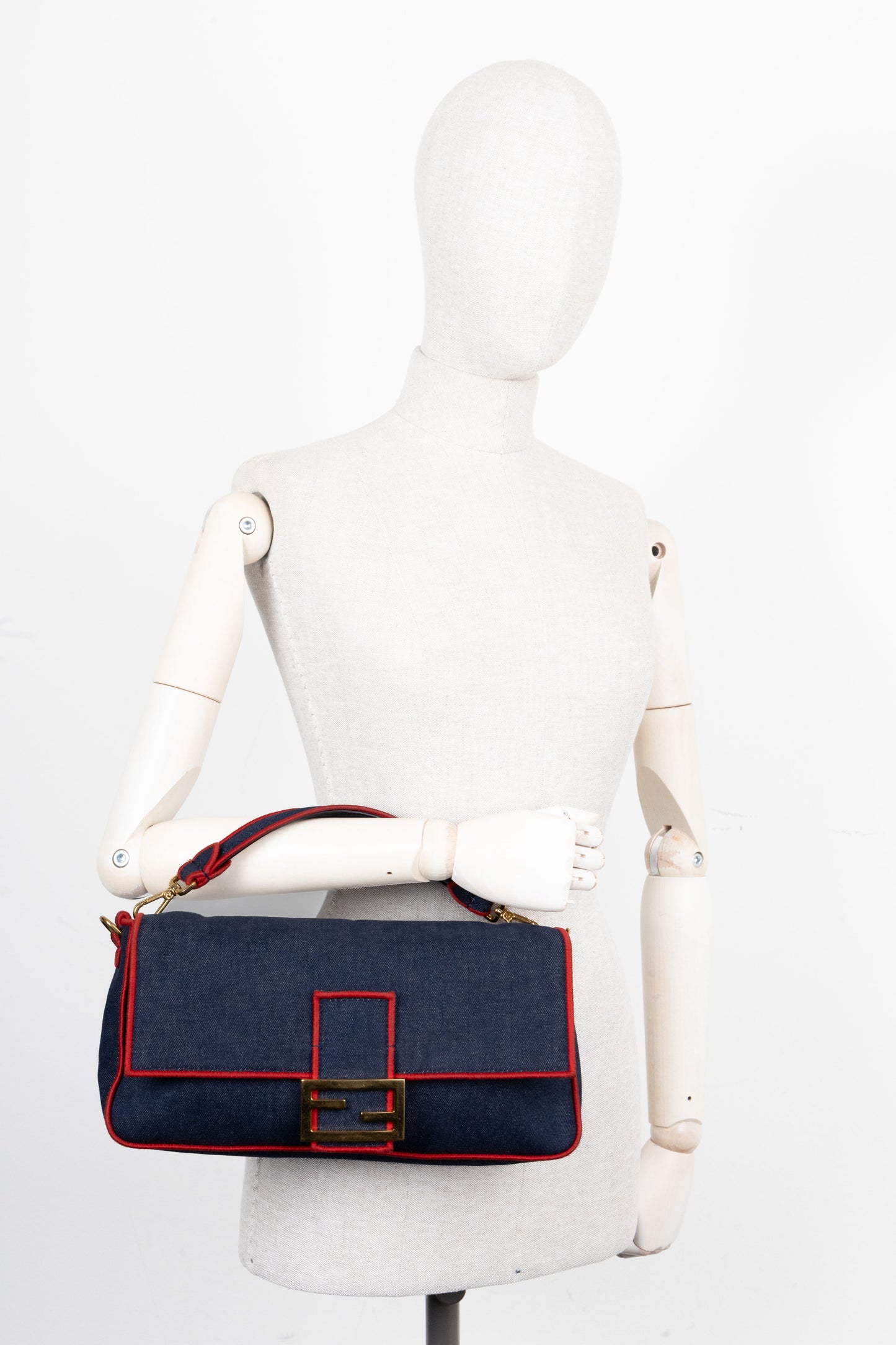 FENDI Large Baguette Crossbody Bag Denim Red