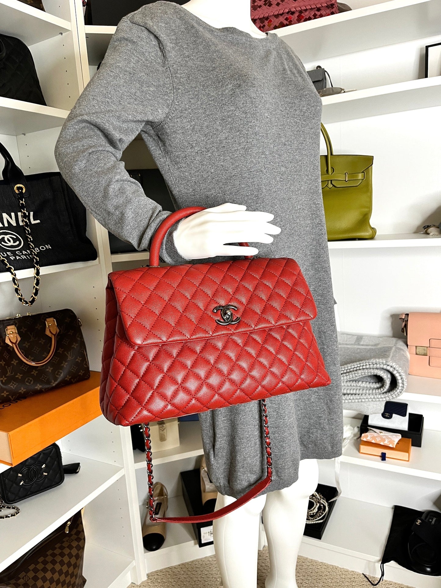 Chanel Red Medium Coco Handle Top Handbag - Rovelle Bags