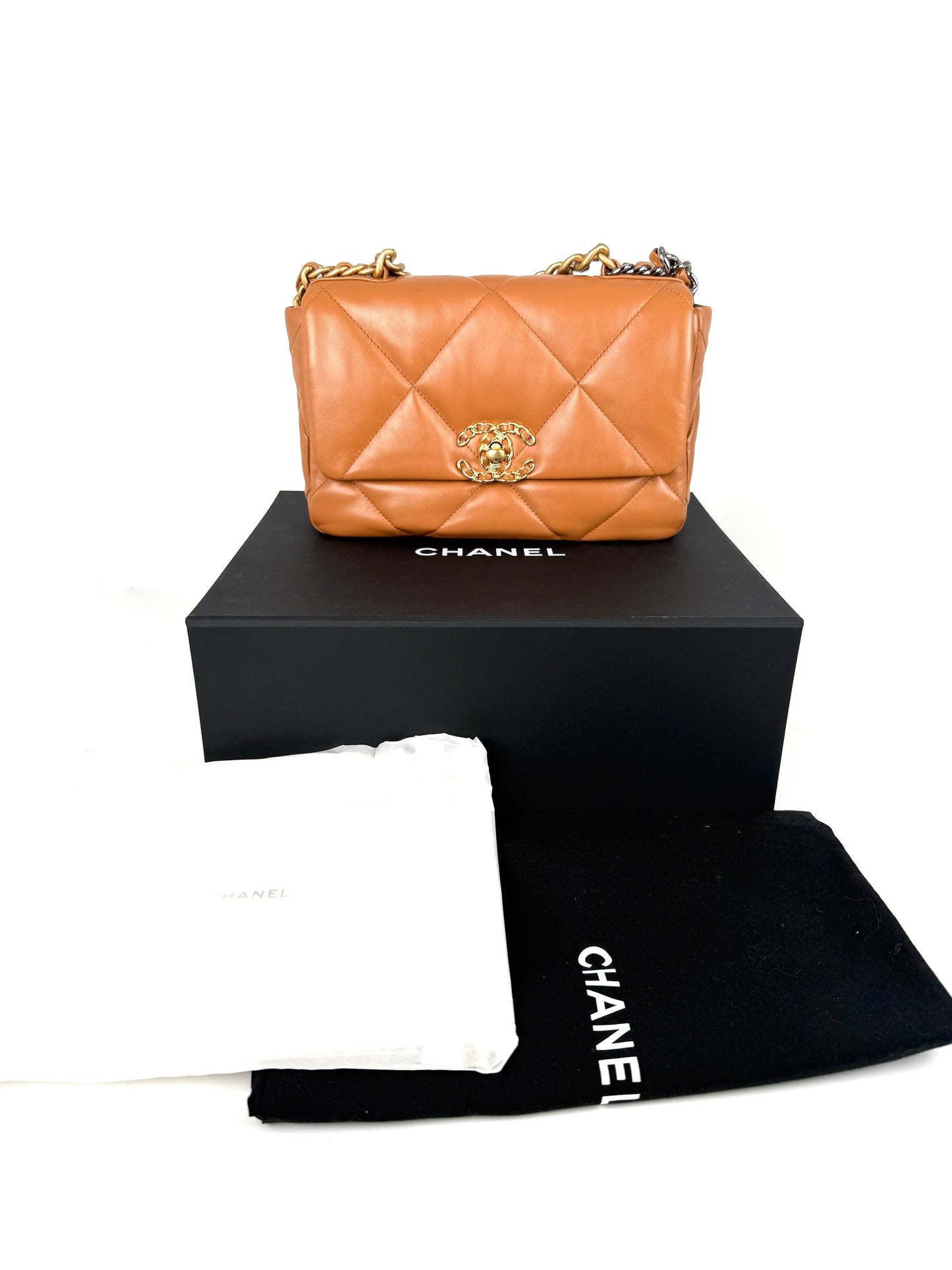 Chanel 19 Small Carmel Brown Lambskin Flap Bag - Rovelle Bags