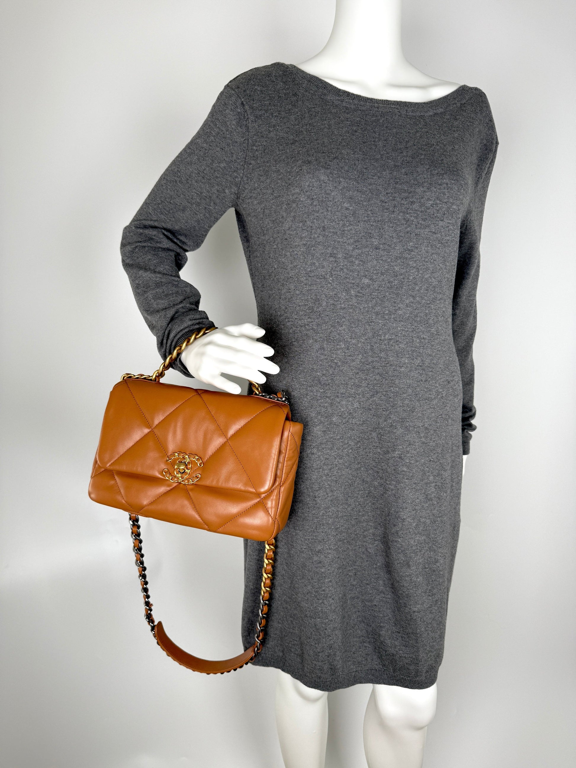 Chanel 19 Small Carmel Brown Lambskin Flap Bag - Rovelle Bags