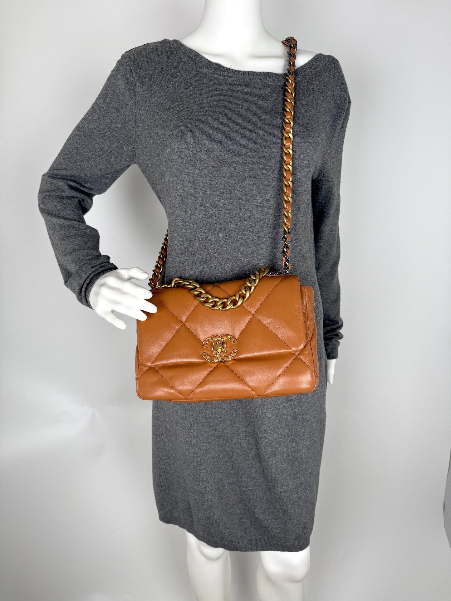 Chanel 19 Small Carmel Brown Lambskin Flap Bag - Rovelle Bags