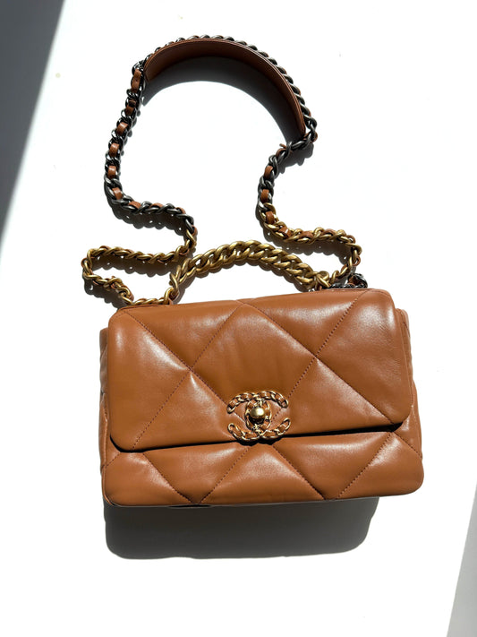 Chanel 19 Small Carmel Brown Lambskin Flap Bag - Rovelle Bags