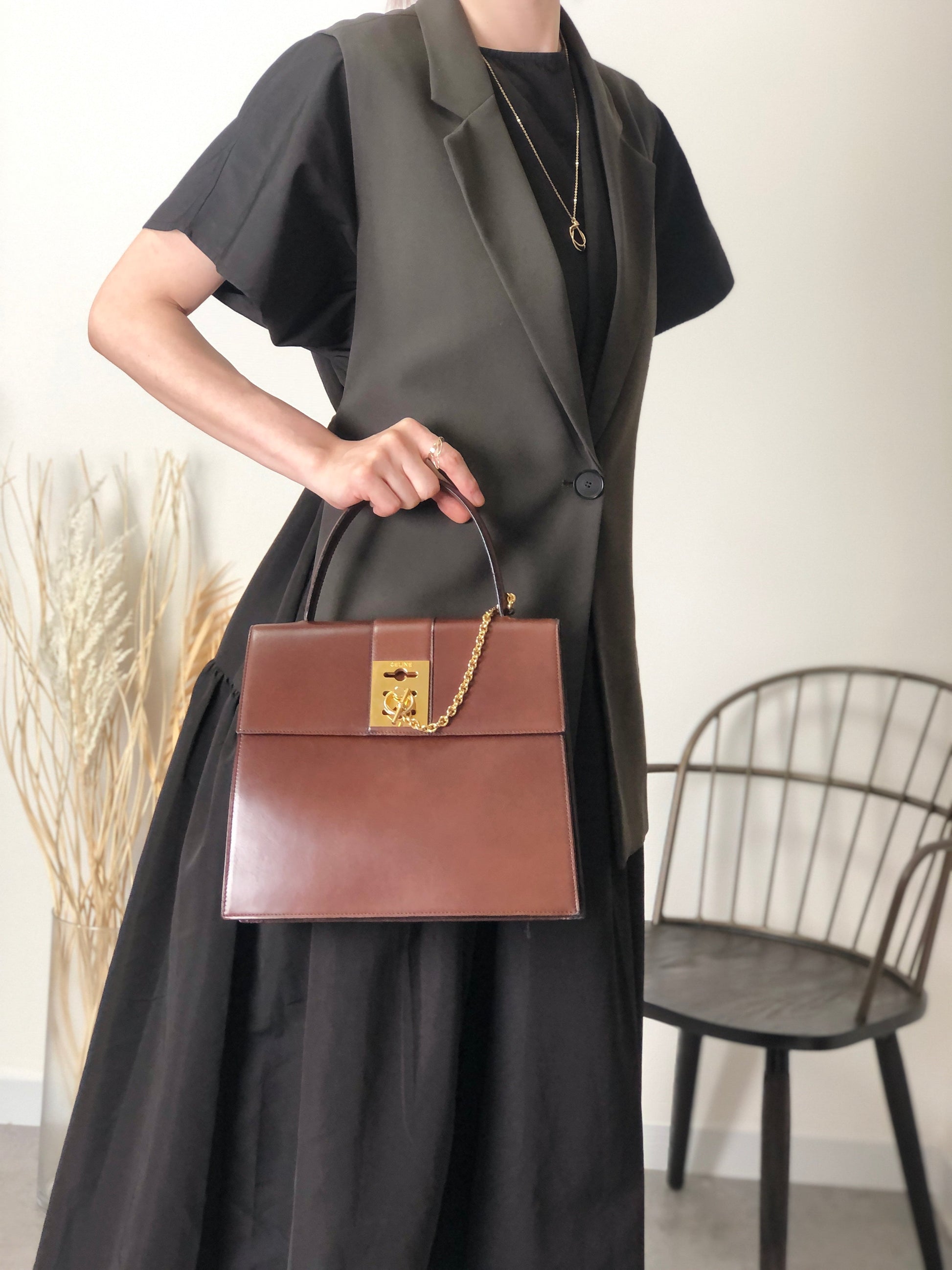 CELINE Gancini Chain Handbag Brown 7ffusp
