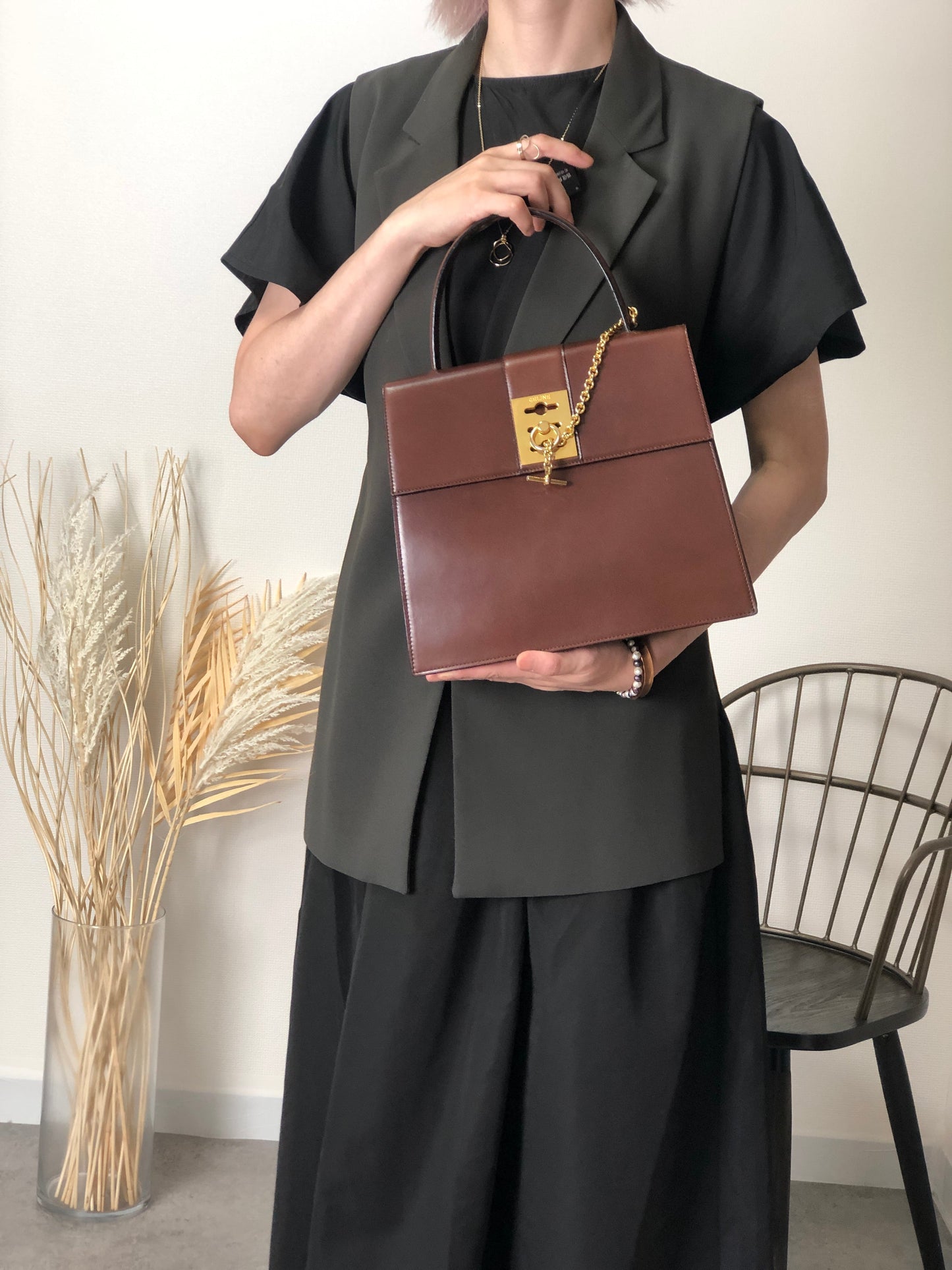 CELINE Gancini Chain Handbag Brown 7ffusp