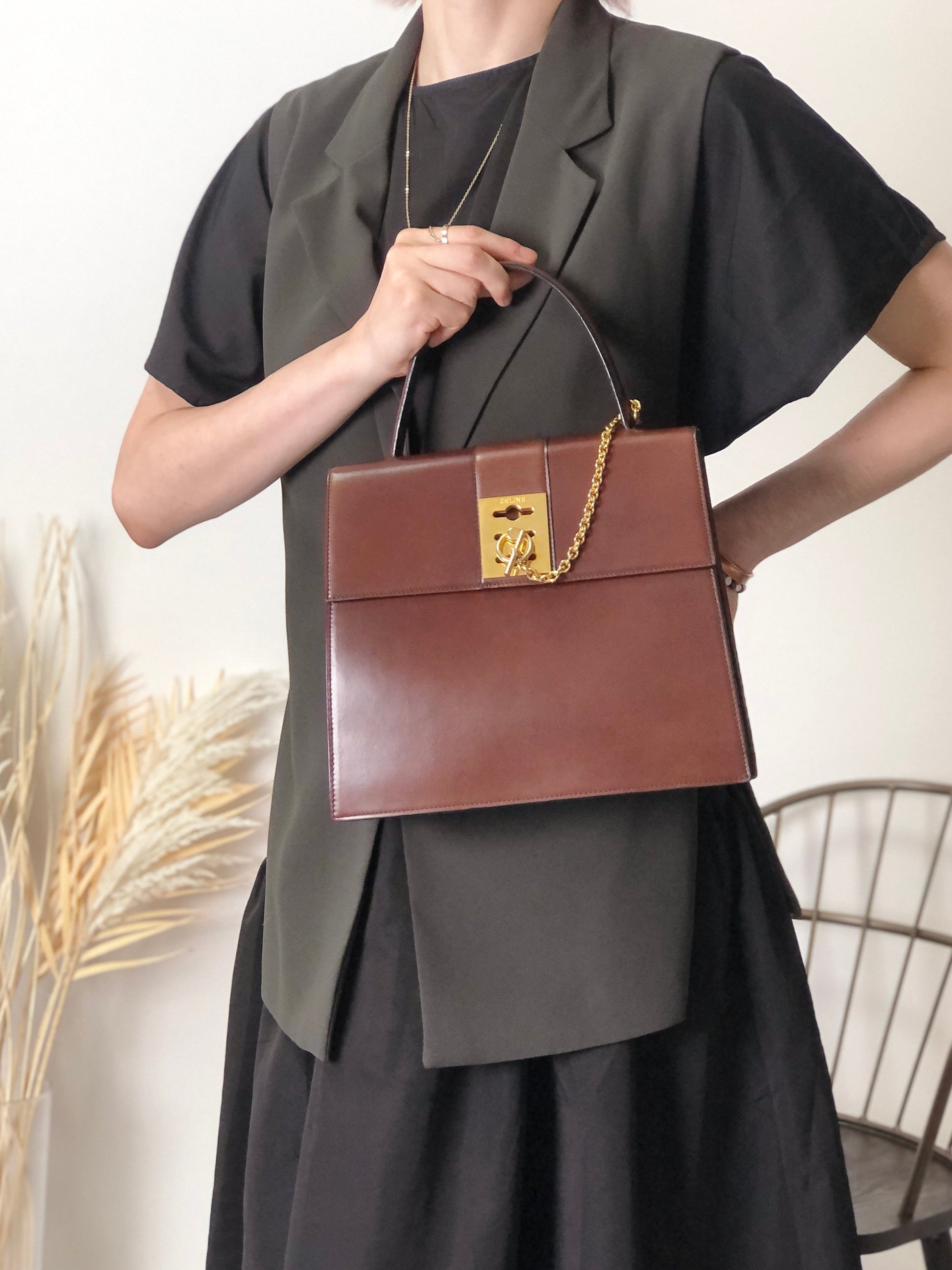 CELINE Gancini Chain Handbag Brown 7ffusp