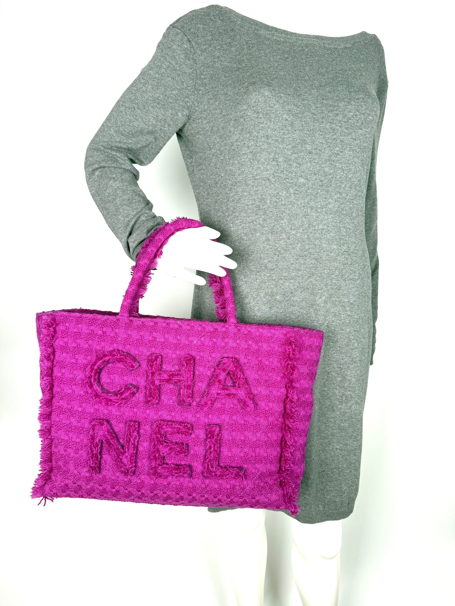 Chanel Wool Tweed Giant Logo Pink Tote Bag - Rovelle Bags