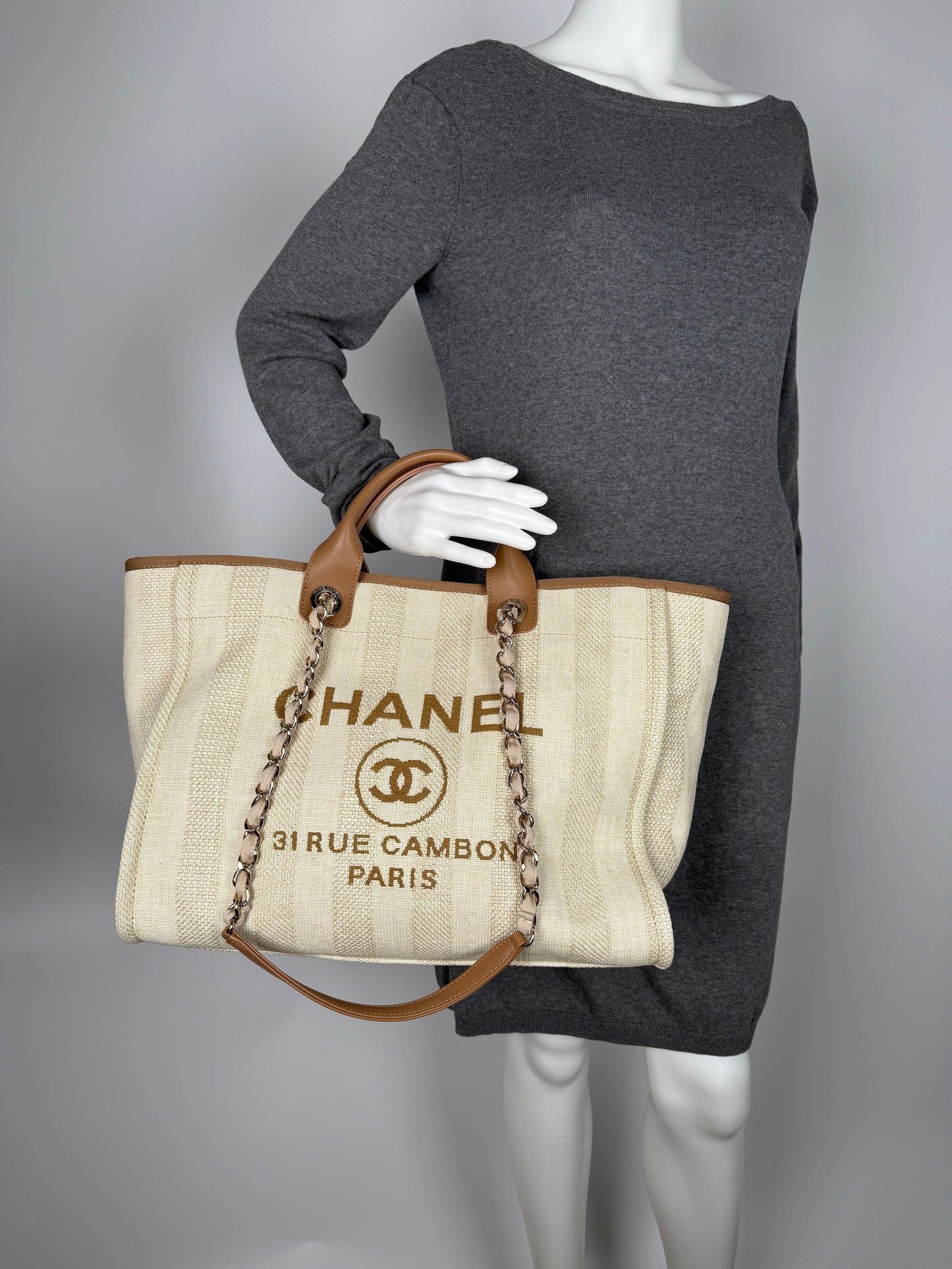 Chanel Deauville Striped Medium Straw Raffia Tote Bag - Rovelle Bags