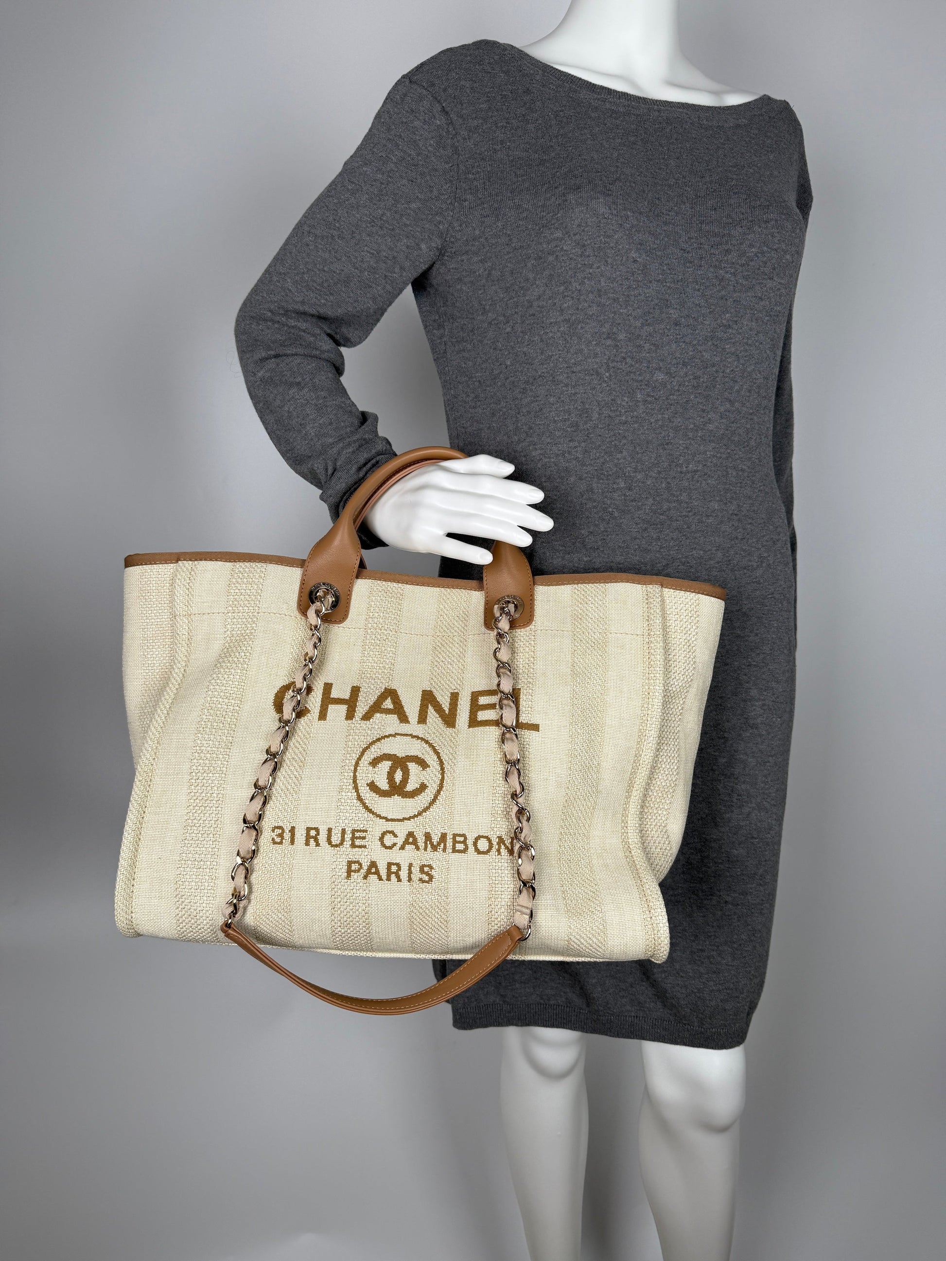 Chanel Deauville Striped Medium Straw Raffia Tote Bag - Rovelle Bags