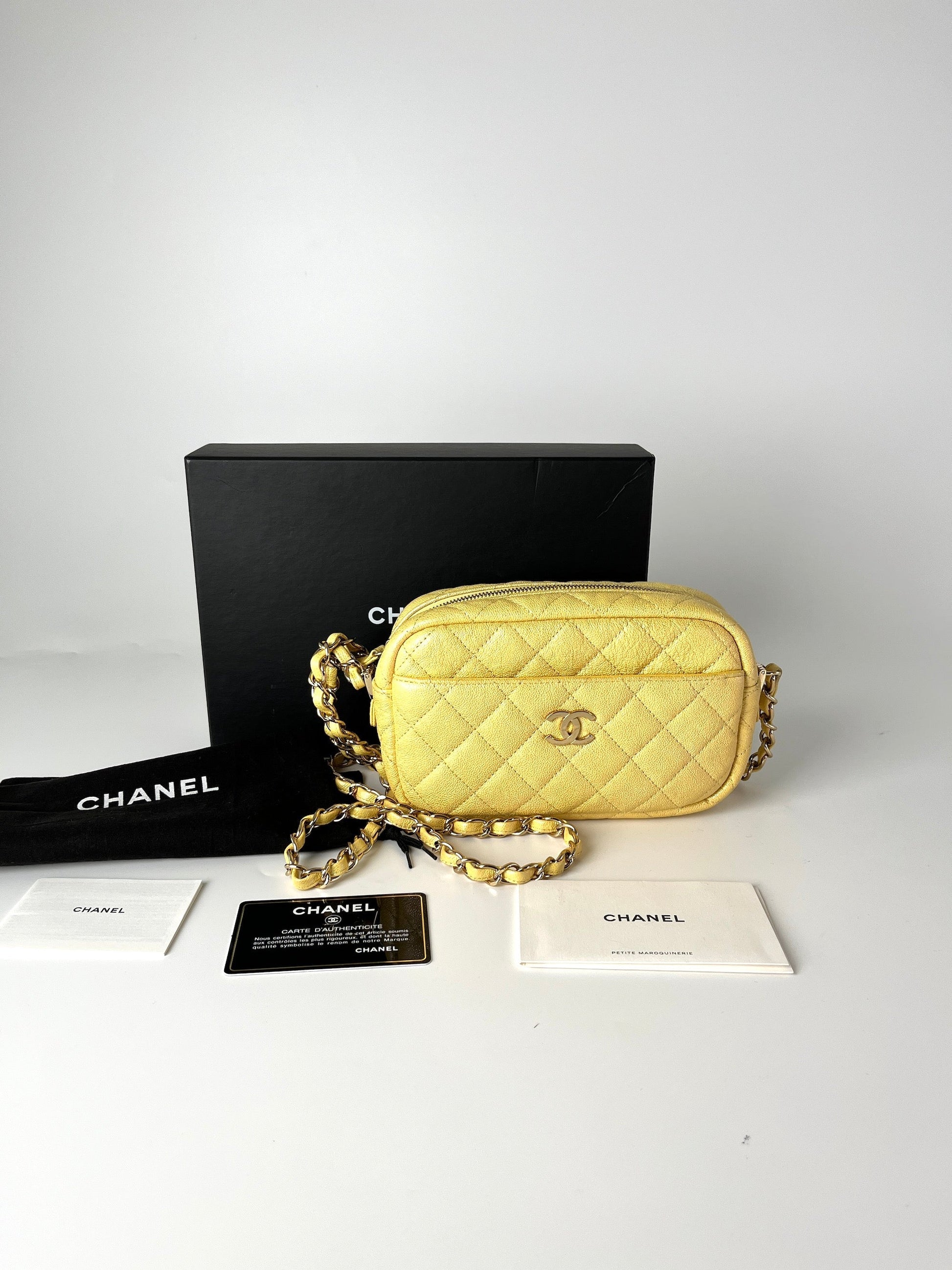 Chanel Iridescent Yellow Caviar Leather Camera Crossbody Bag - Rovelle Bags