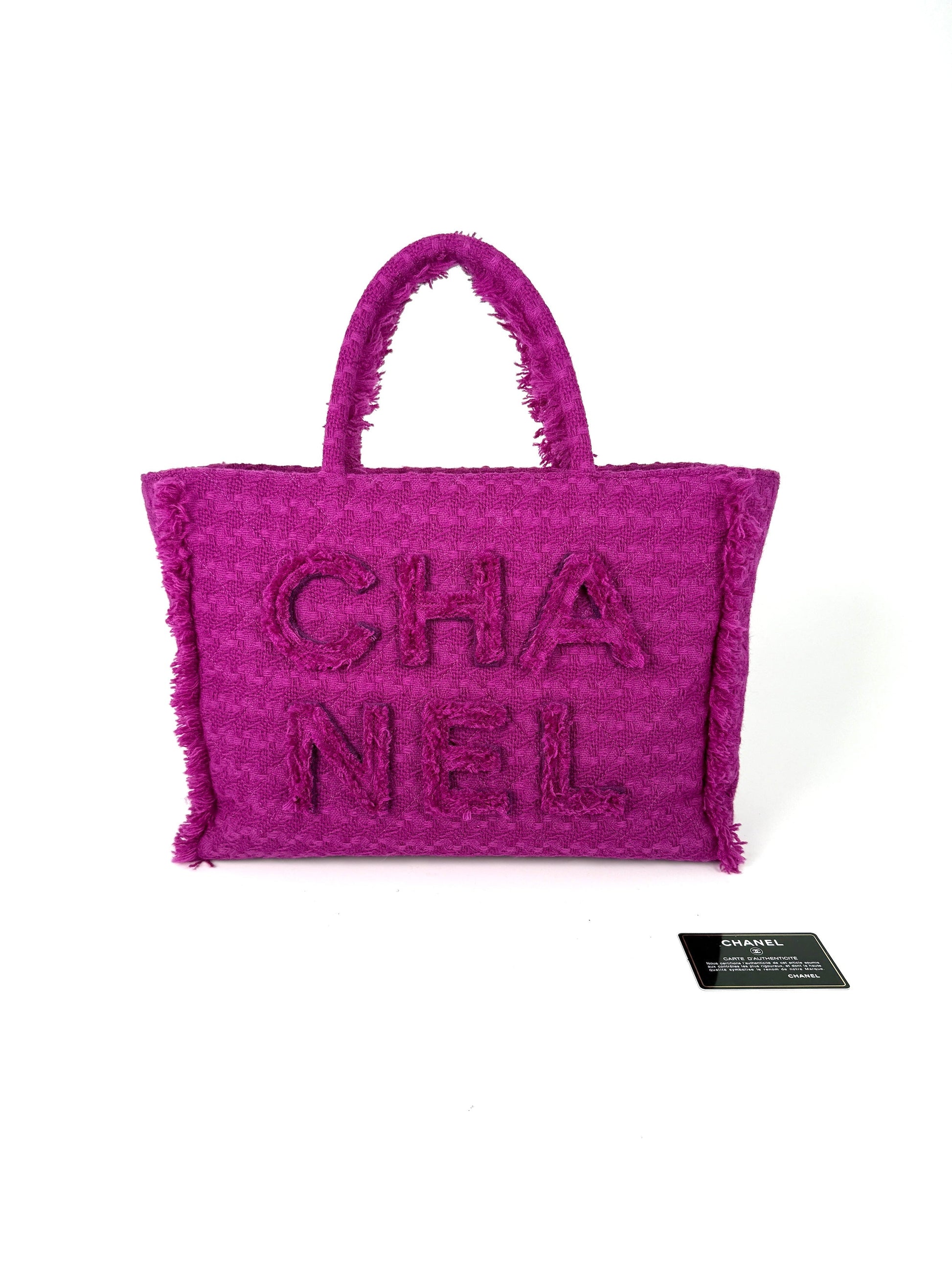 Chanel Wool Tweed Giant Logo Pink Tote Bag - Rovelle Bags