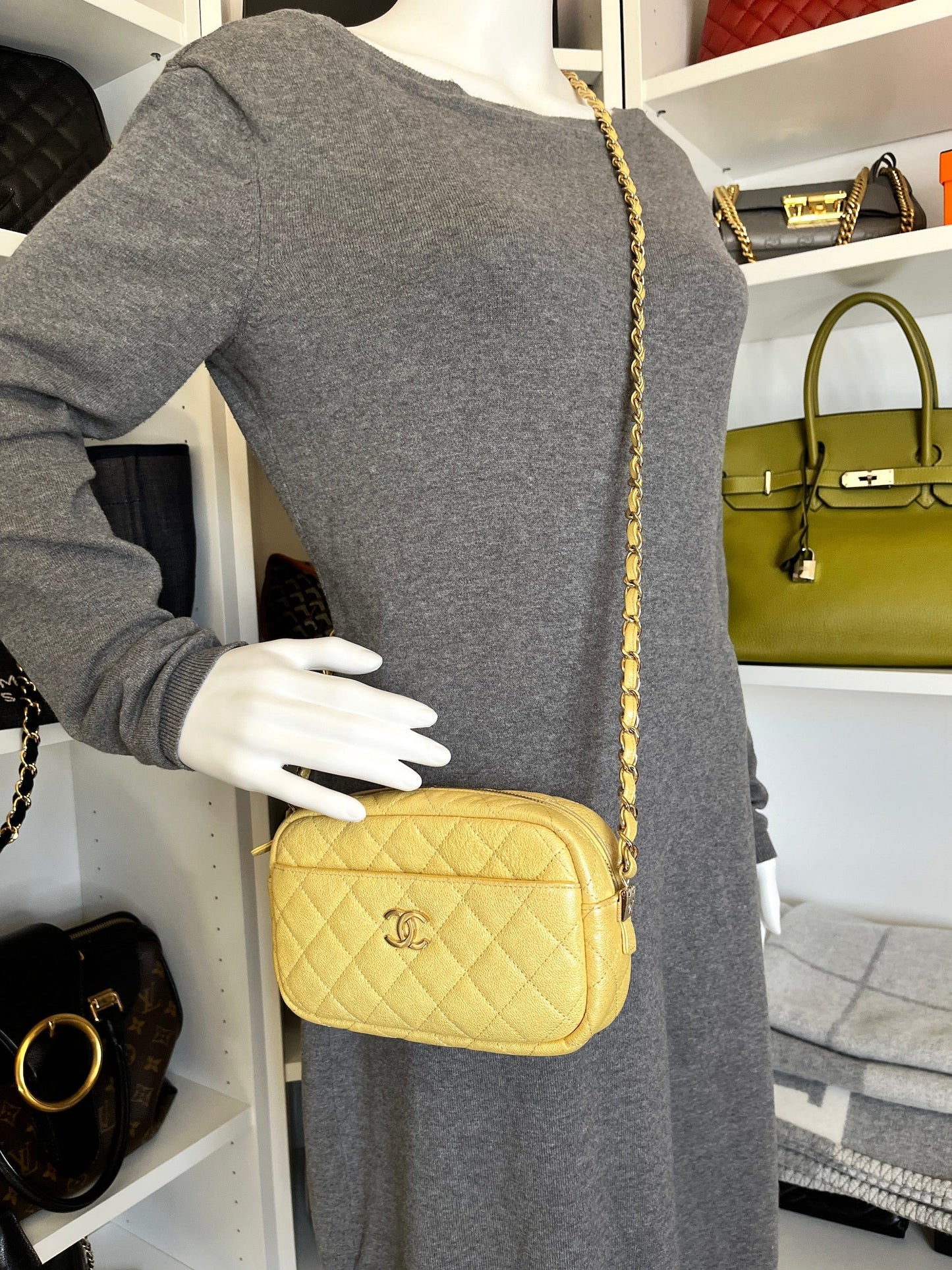 Chanel Iridescent Yellow Caviar Leather Camera Crossbody Bag - Rovelle Bags
