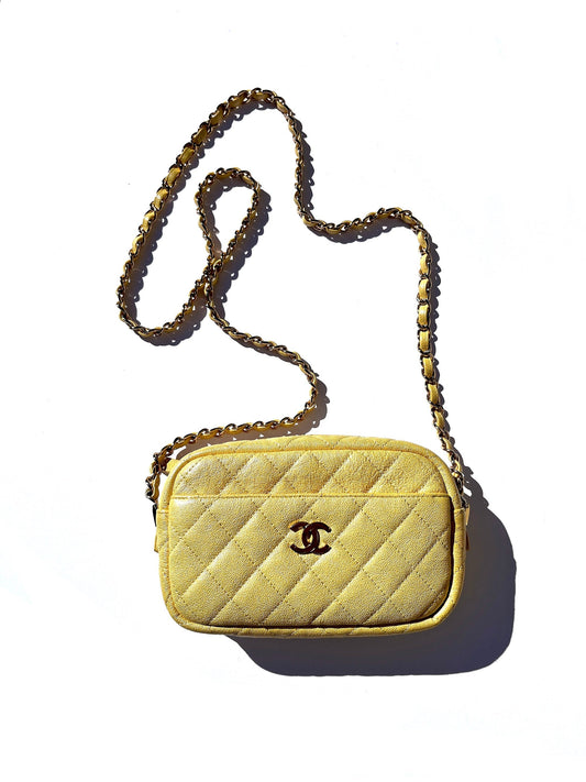 Chanel Iridescent Yellow Caviar Leather Camera Crossbody Bag - Rovelle Bags