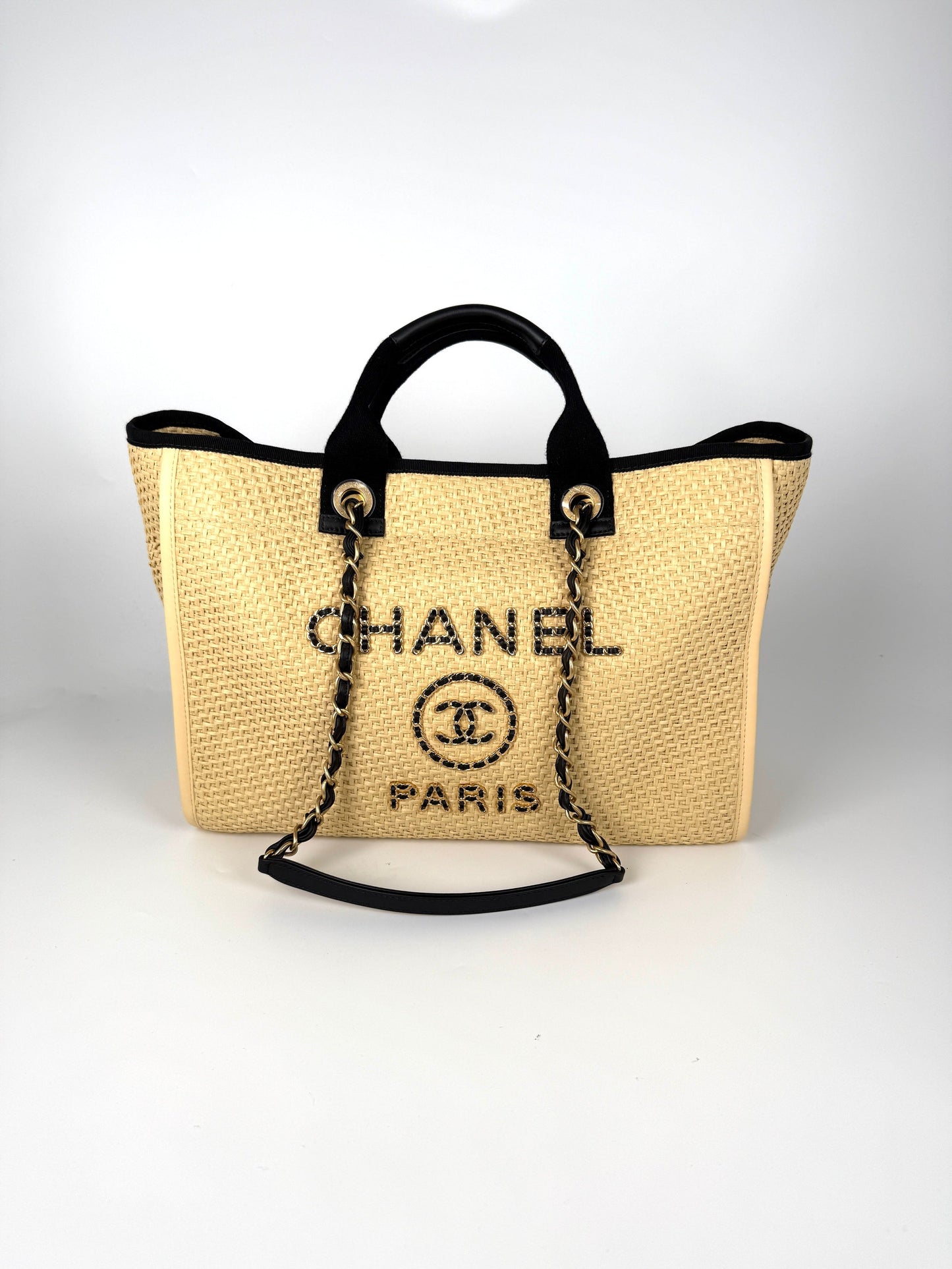 Chanel Deauville Straw Raffia Calfskin Beige Tote Bag - Rovelle Bags