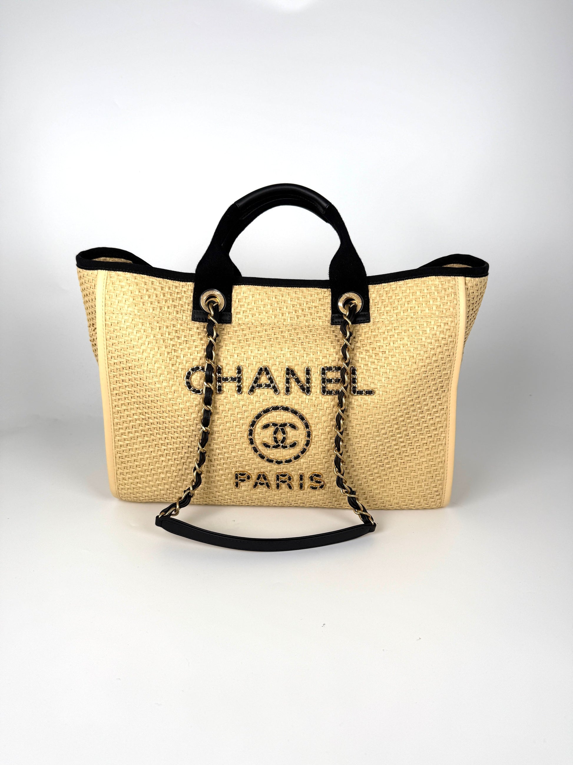 Chanel Deauville Straw Raffia Calfskin Beige Tote Bag - Rovelle Bags