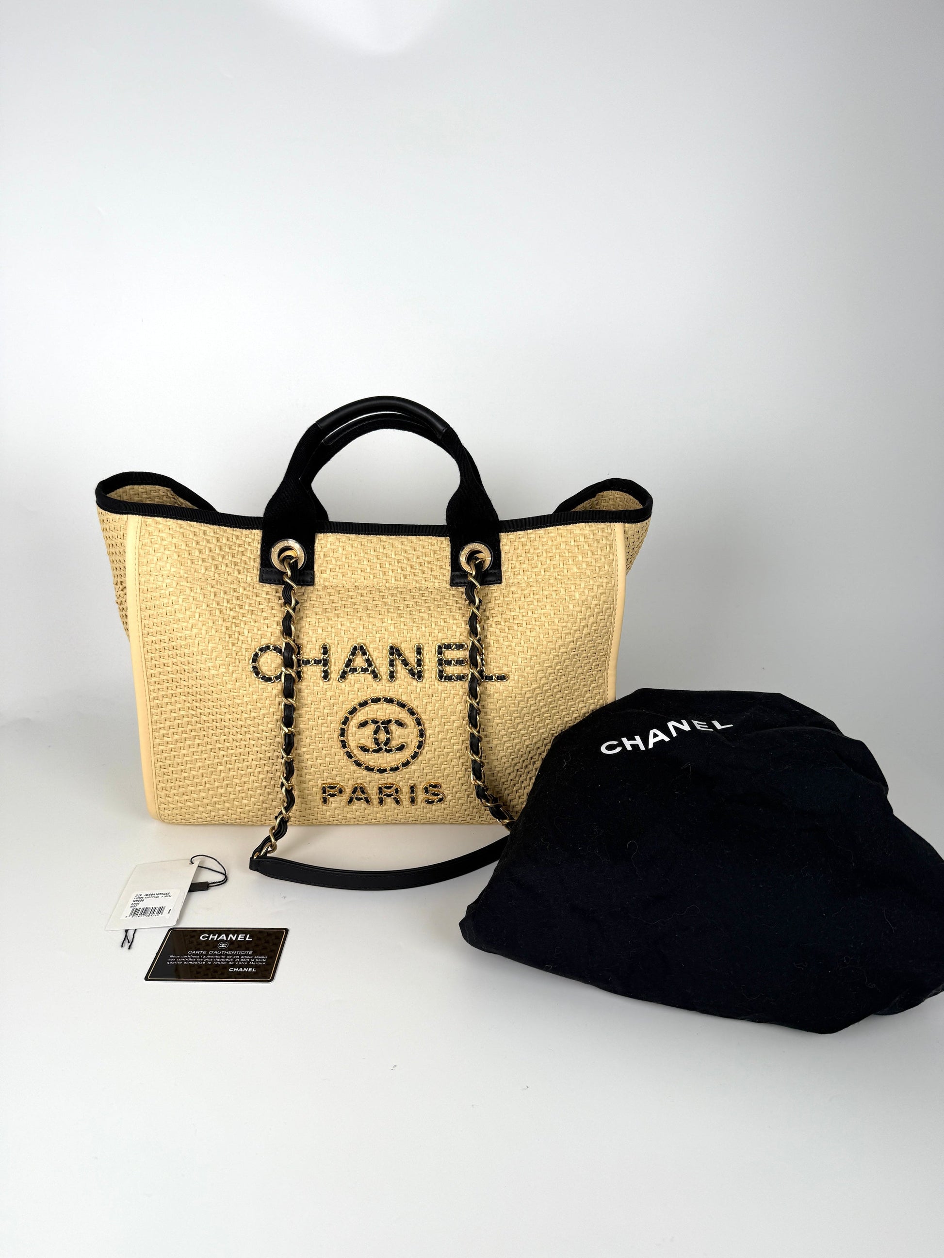 Chanel Deauville Straw Raffia Calfskin Beige Tote Bag - Rovelle Bags