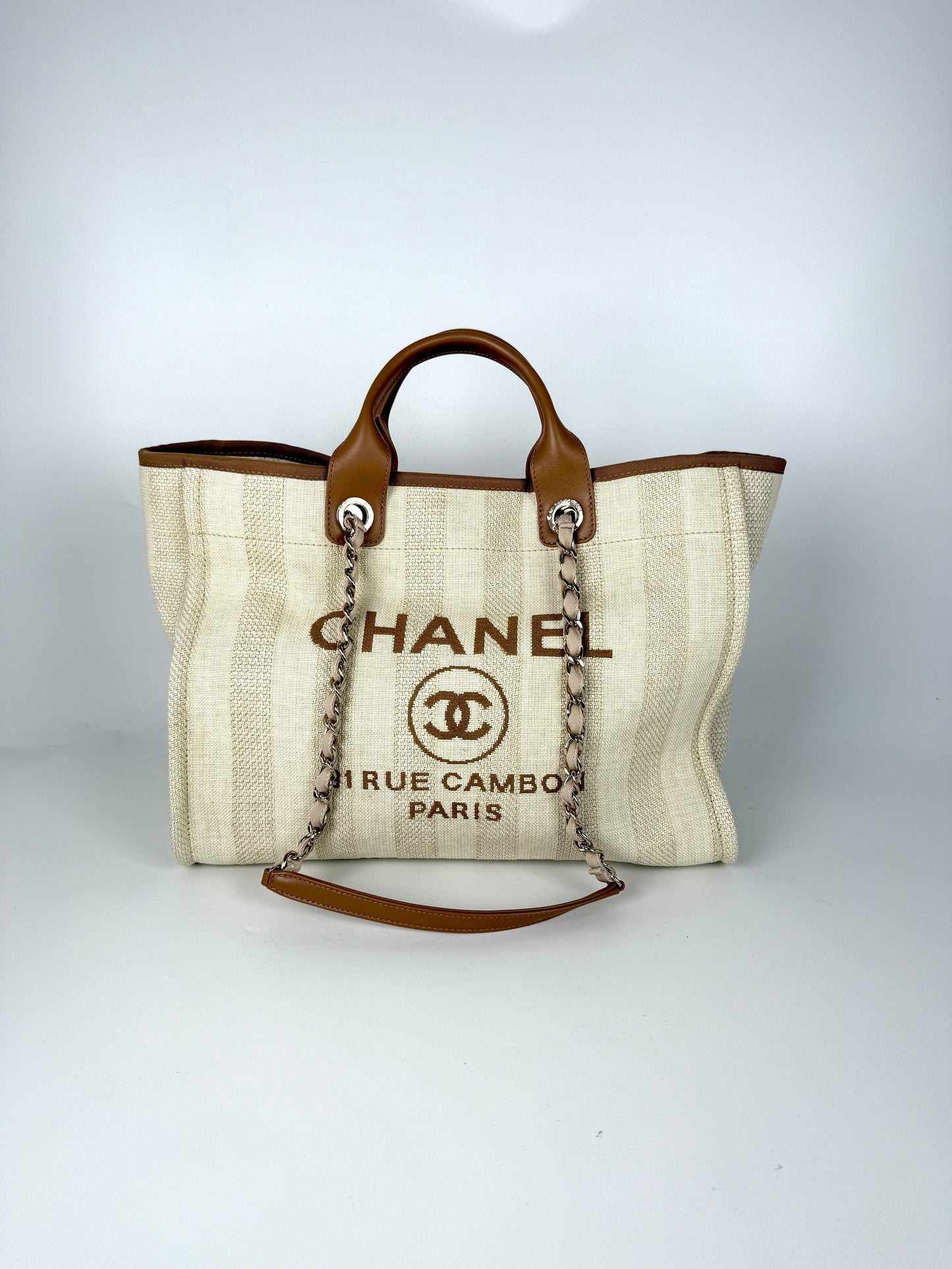 Chanel Deauville Striped Medium Straw Raffia Tote Bag - Rovelle Bags