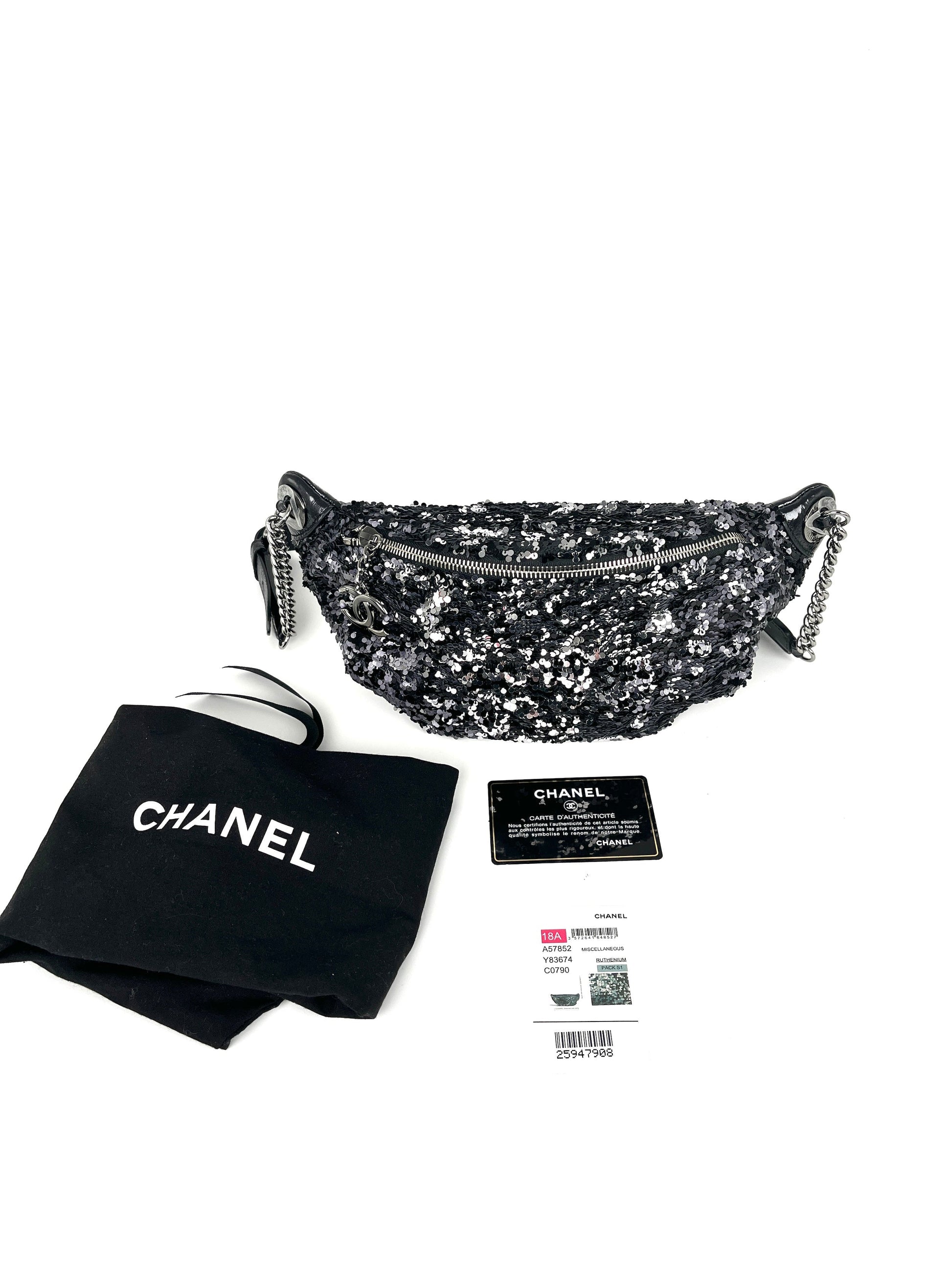 Chanel Sequin Glazed Calfskin Black Silver Handbag - Rovelle Bags