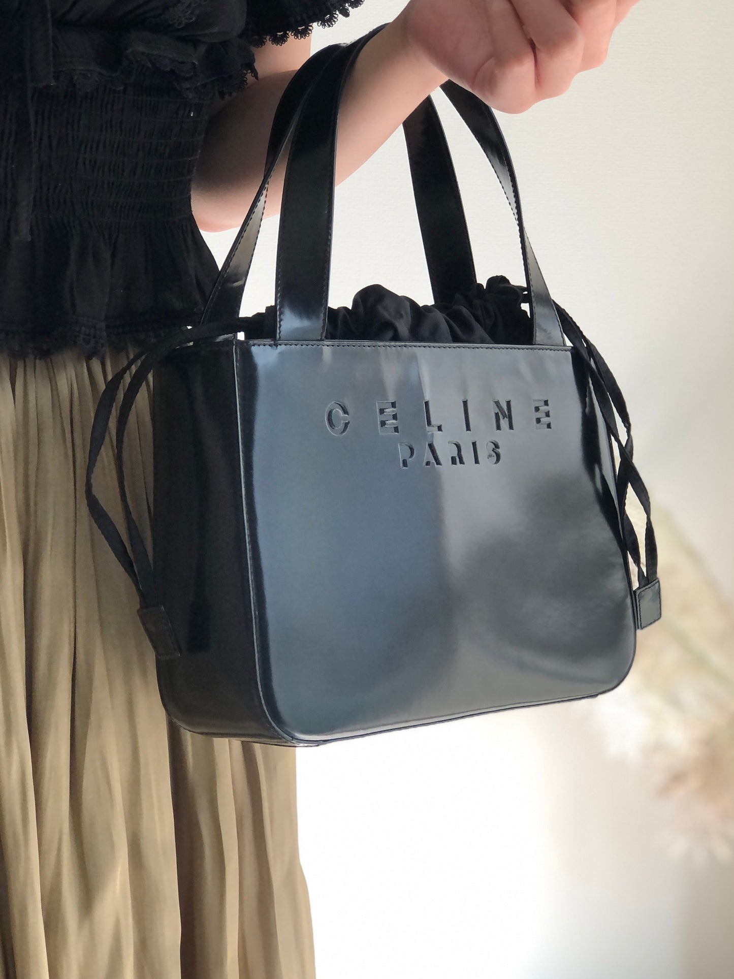 CELINE brand logo patent leather handbag Black Old Celine sb5xdm