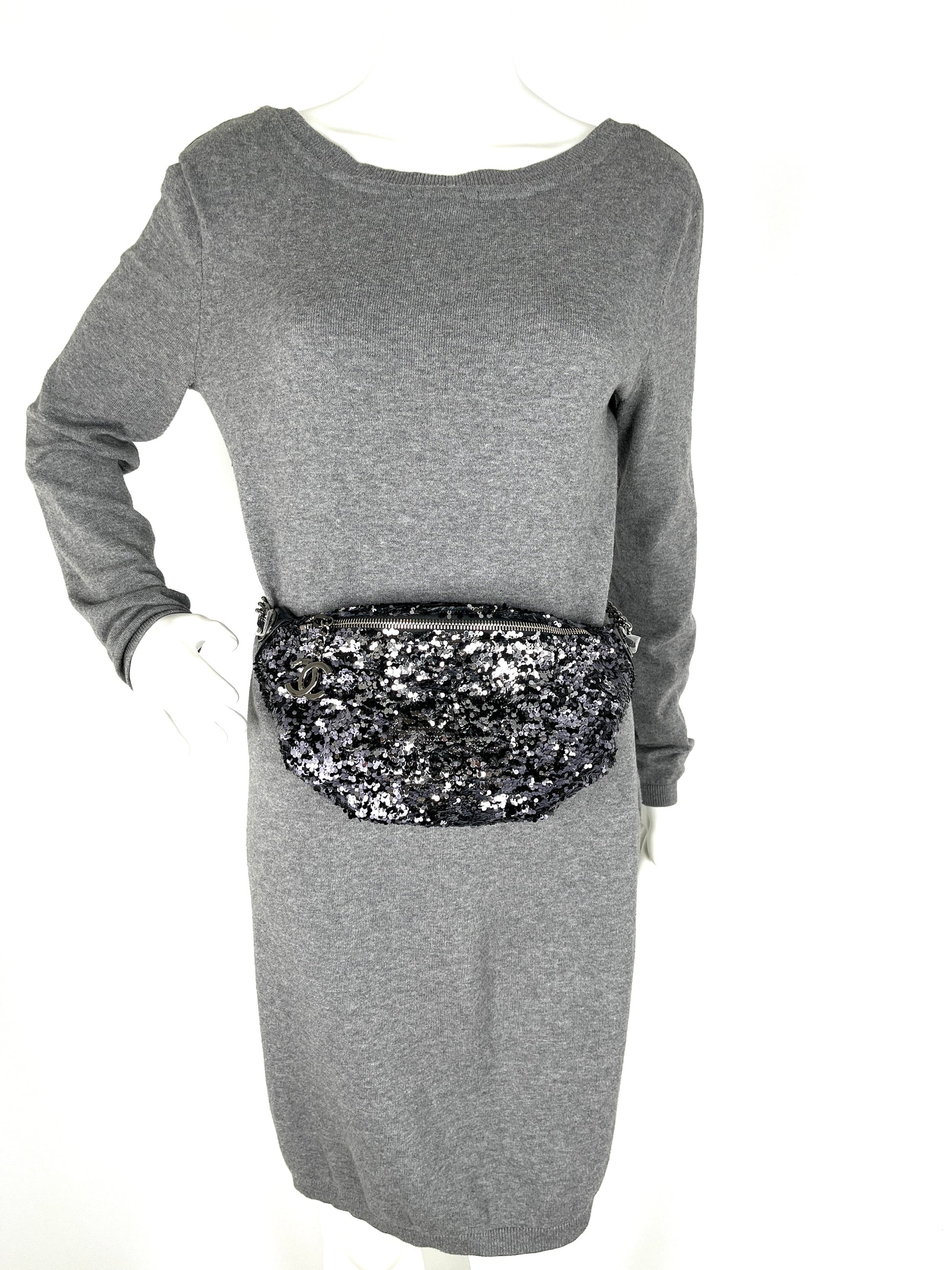 Chanel Sequin Glazed Calfskin Black Silver Handbag - Rovelle Bags