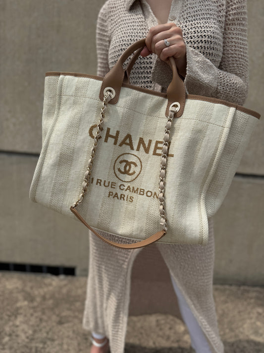 Chanel Deauville Striped Medium Straw Raffia Tote Bag - Rovelle Bags