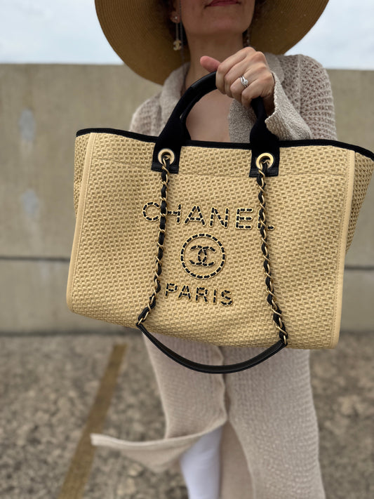 Chanel Deauville Straw Raffia Calfskin Beige Tote Bag - Rovelle Bags