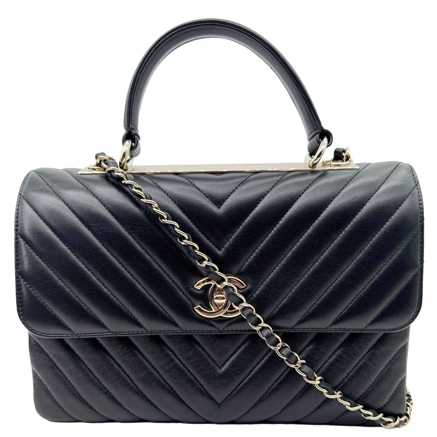 CHANEL Trendy CC Medium Chevron Leather Top Handle Shoulder Bag Black