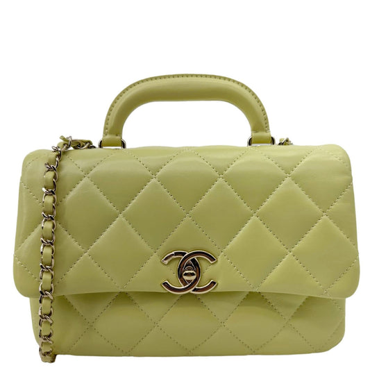 CHANEL Flap Mini Quilted Lambskin Leather Top Handle Crossbody Bag Yellow