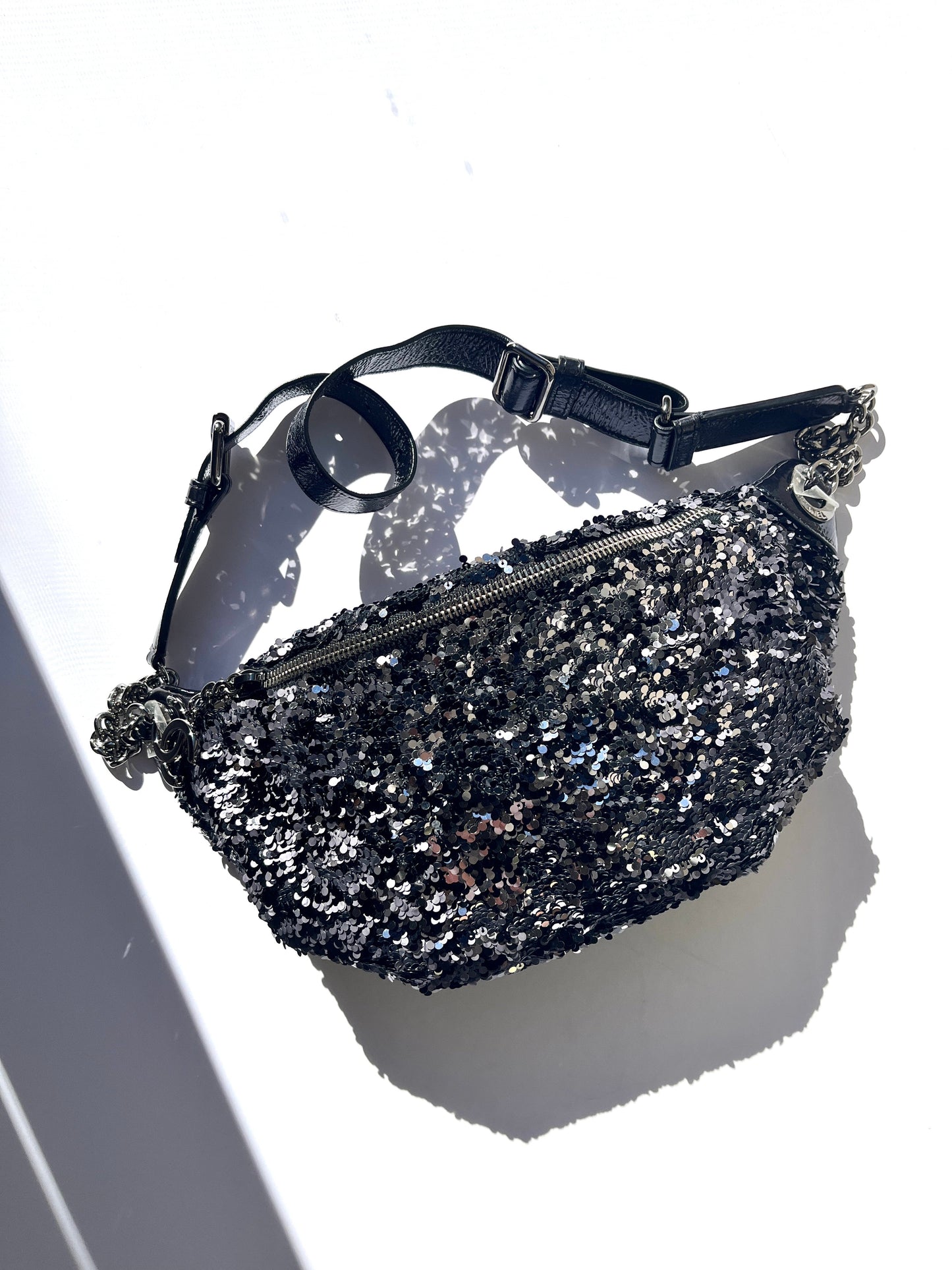 Chanel Sequin Glazed Calfskin Black Silver Handbag - Rovelle Bags