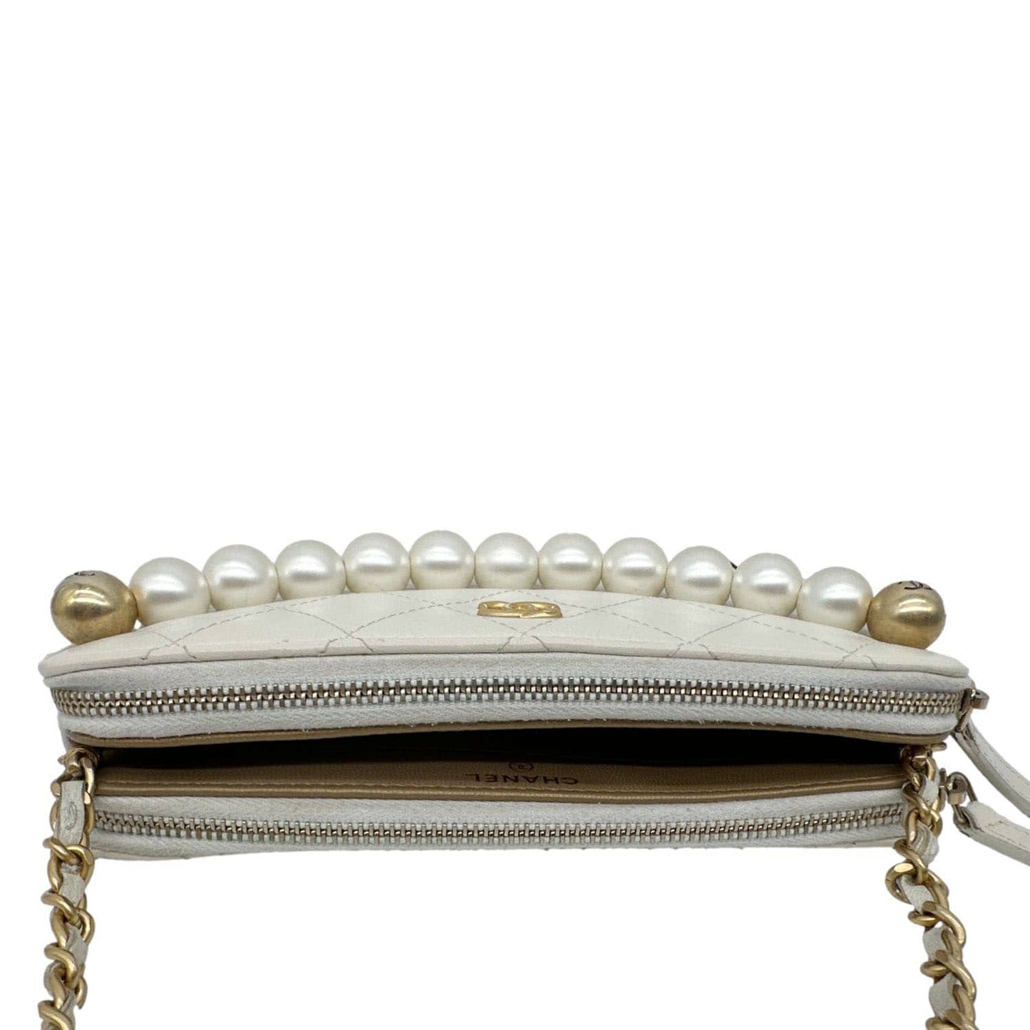 CHANEL Chic Pearls Quilted Lambskin Leather Double Zip Clutch With Chain White