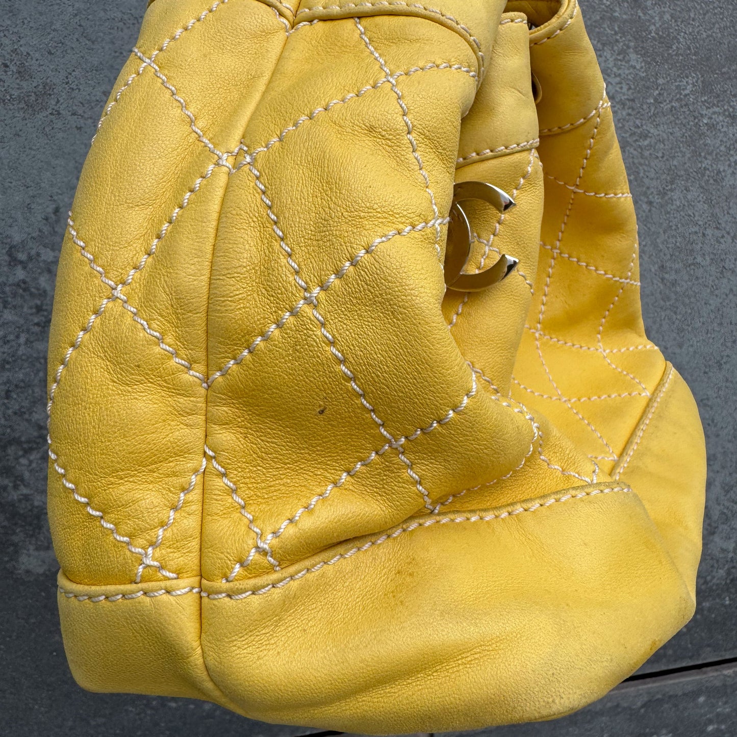 Chanel Yellow Lambskin Bucket Bag With Contrast Stitching And Drawstring, 2005-2006