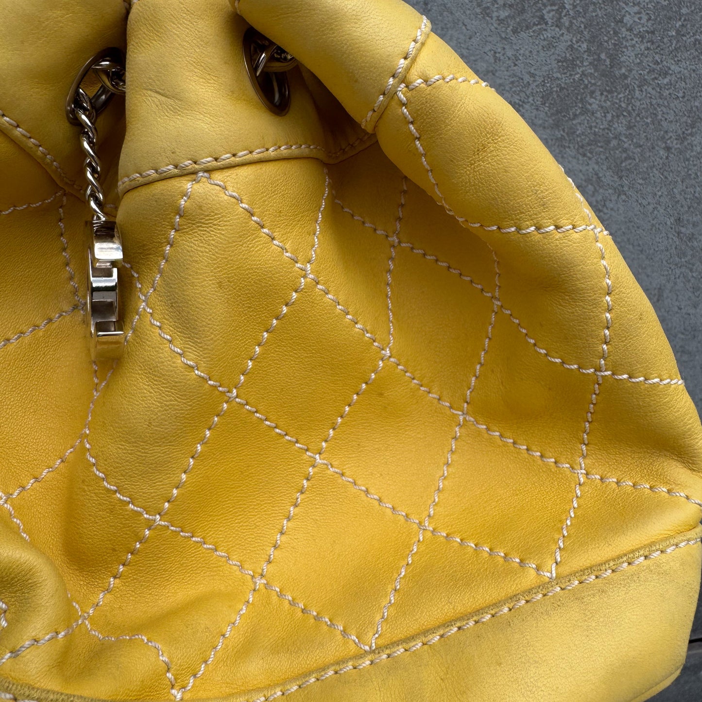 Chanel Yellow Lambskin Bucket Bag With Contrast Stitching And Drawstring, 2005-2006
