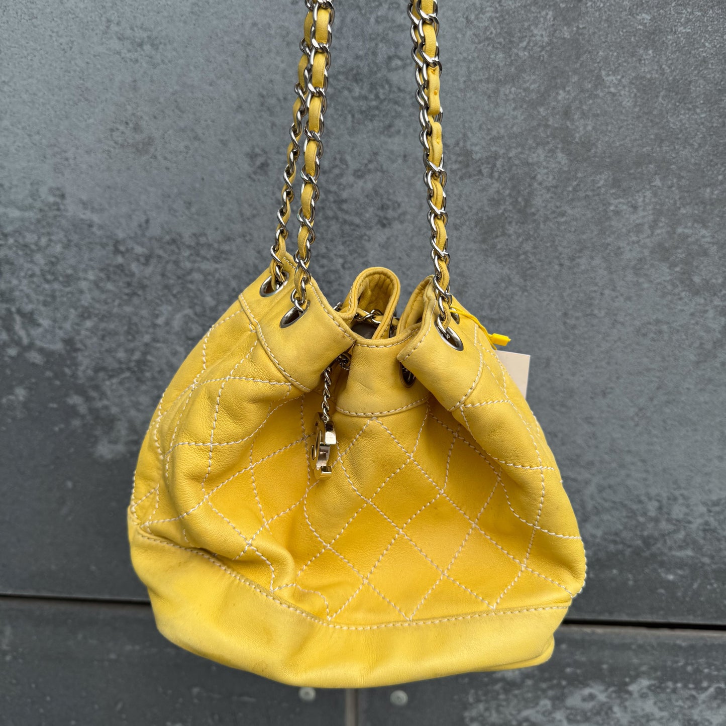 Chanel Yellow Lambskin Bucket Bag With Contrast Stitching And Drawstring, 2005-2006