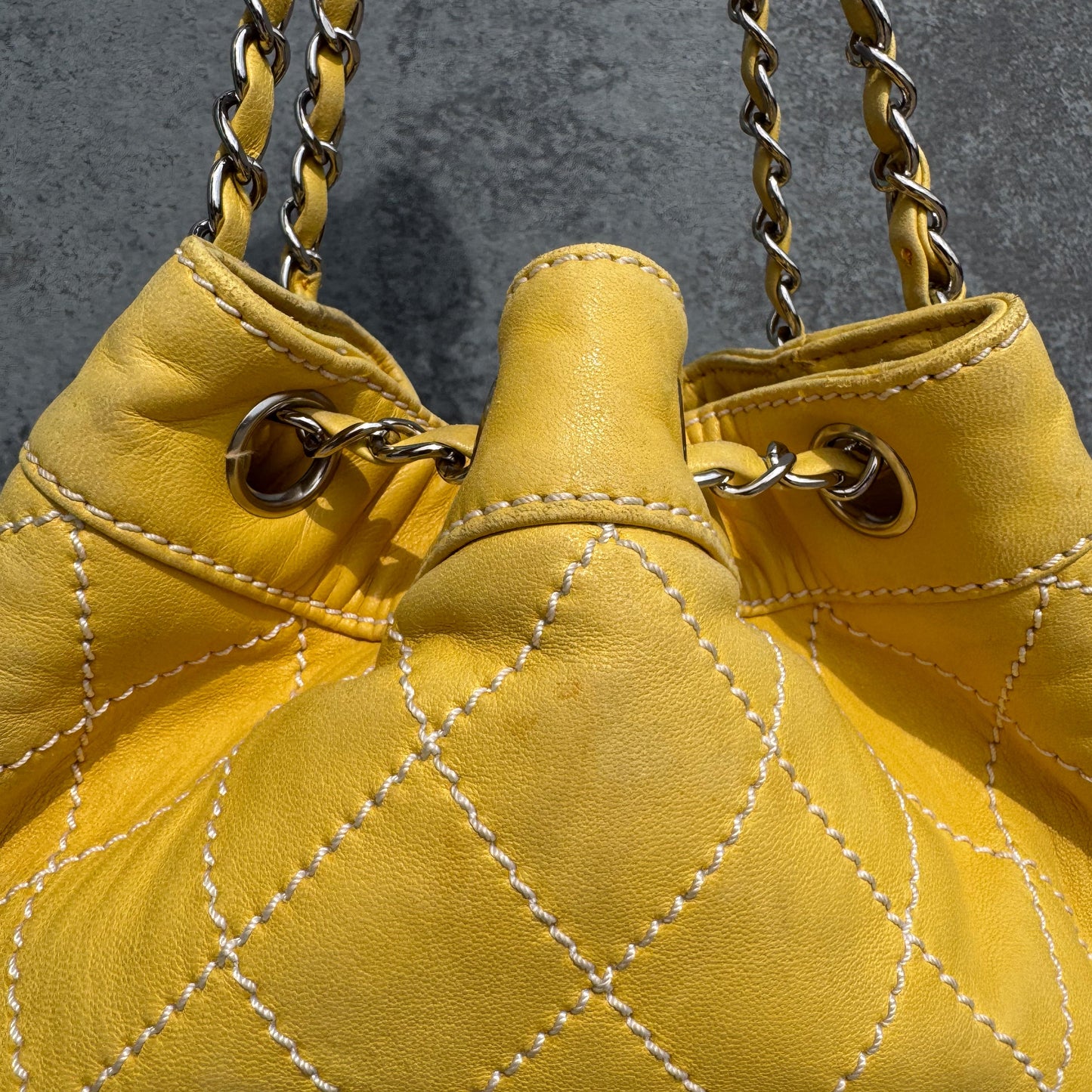 Chanel Yellow Lambskin Bucket Bag With Contrast Stitching And Drawstring, 2005-2006