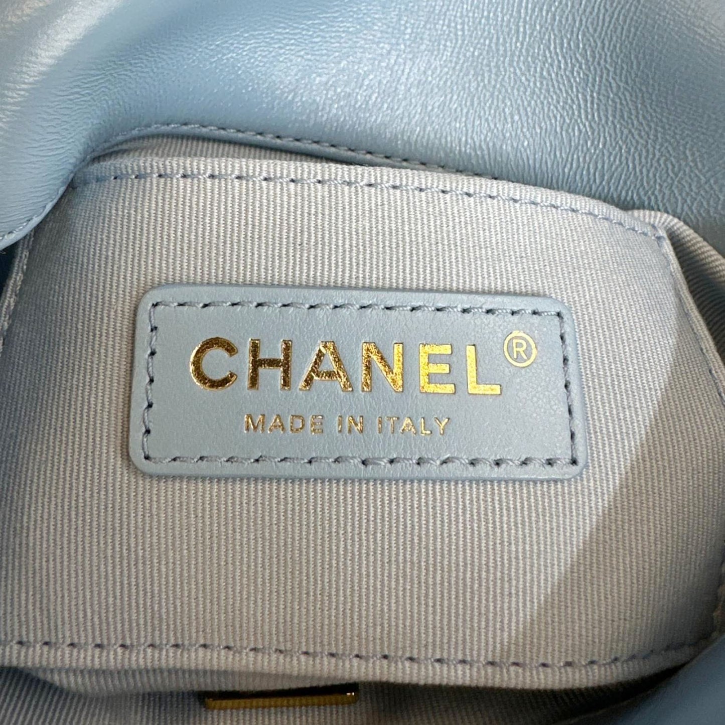 CHANEL Lacquered Flap Quilted Lambskin Leather Chain Crossbody Bag Blue