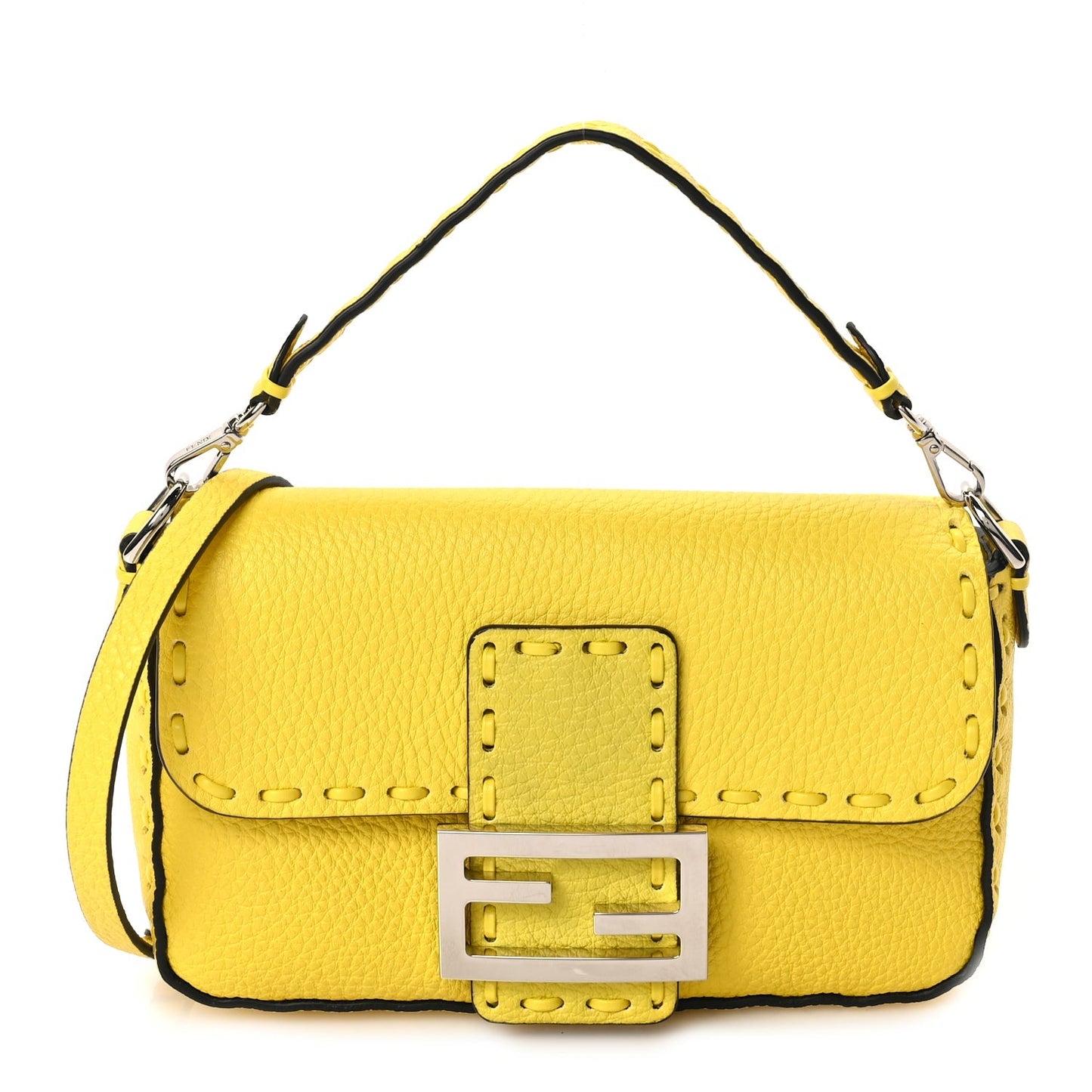 Fendi Cuoio Roma Sellerissima Nappa Sintetica Tape Stitch Mini Baguette Acid Yellow