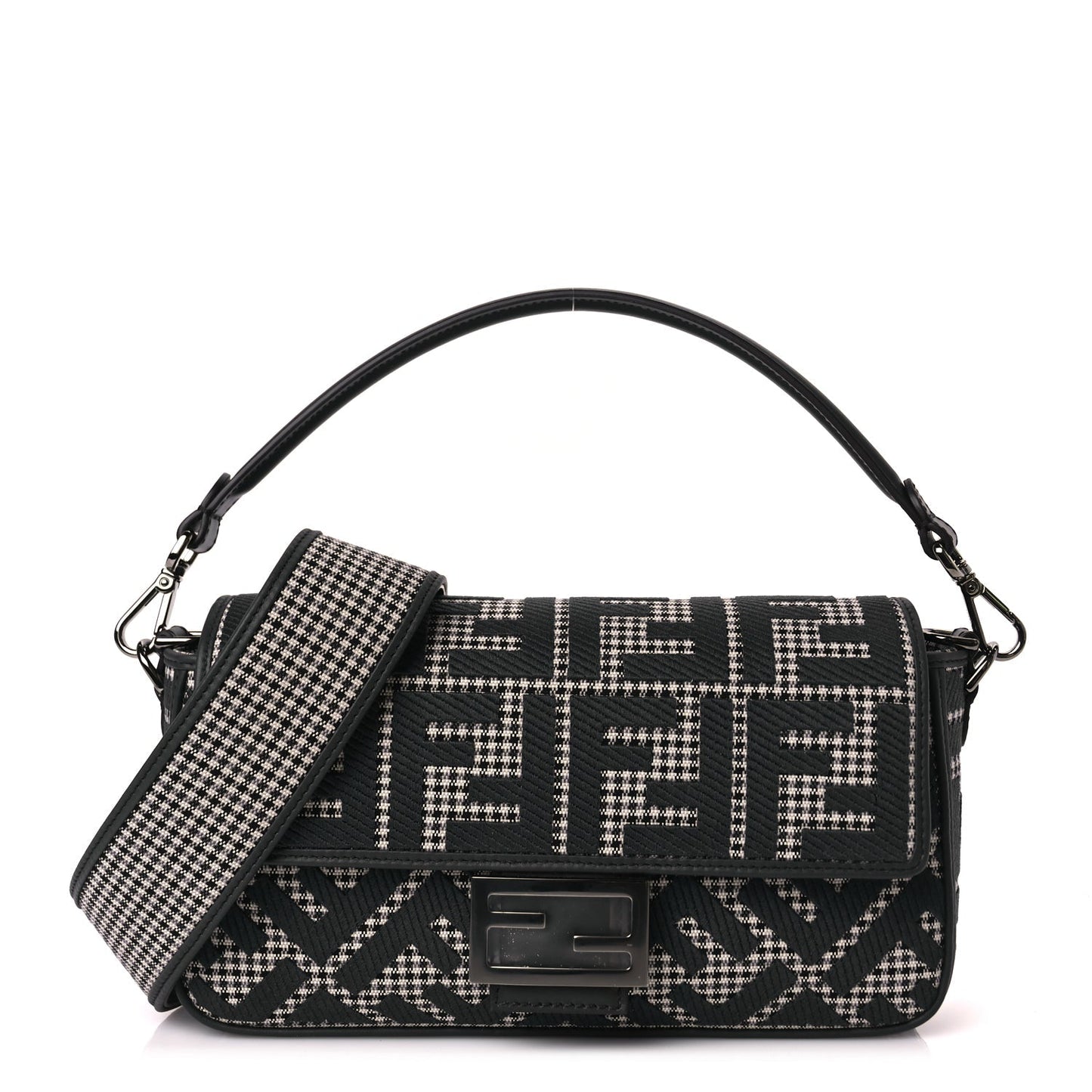 Fendi Wool Vitello King Houndstooth FF Embroidered Baguette Grigio Anthracite