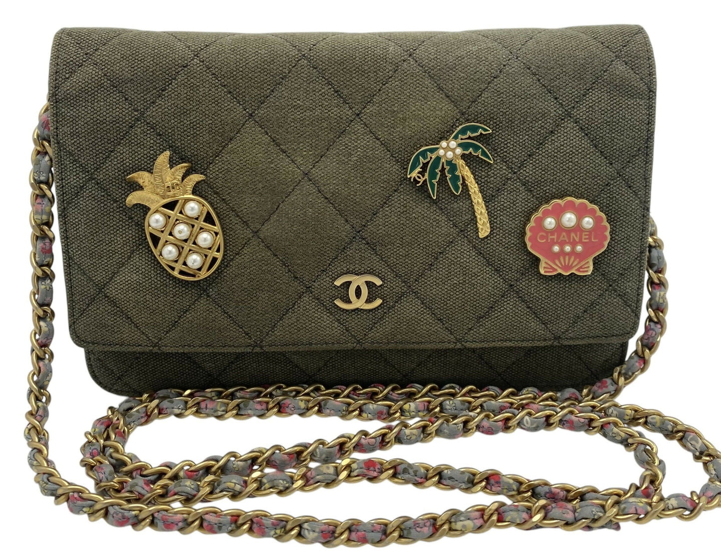 Chanel 17C Paris-Cuba Charms Military Green Canvas WOC Clutch Wallet On Chain
