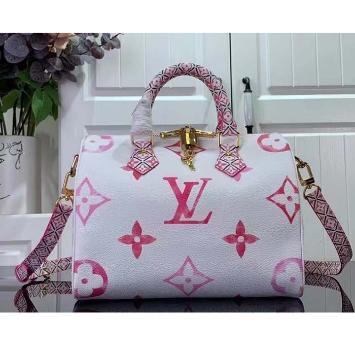 Louis Vuitton Women LV Bandoulière 25 Pink Monogram Coated Canvas Double Zip Padlock