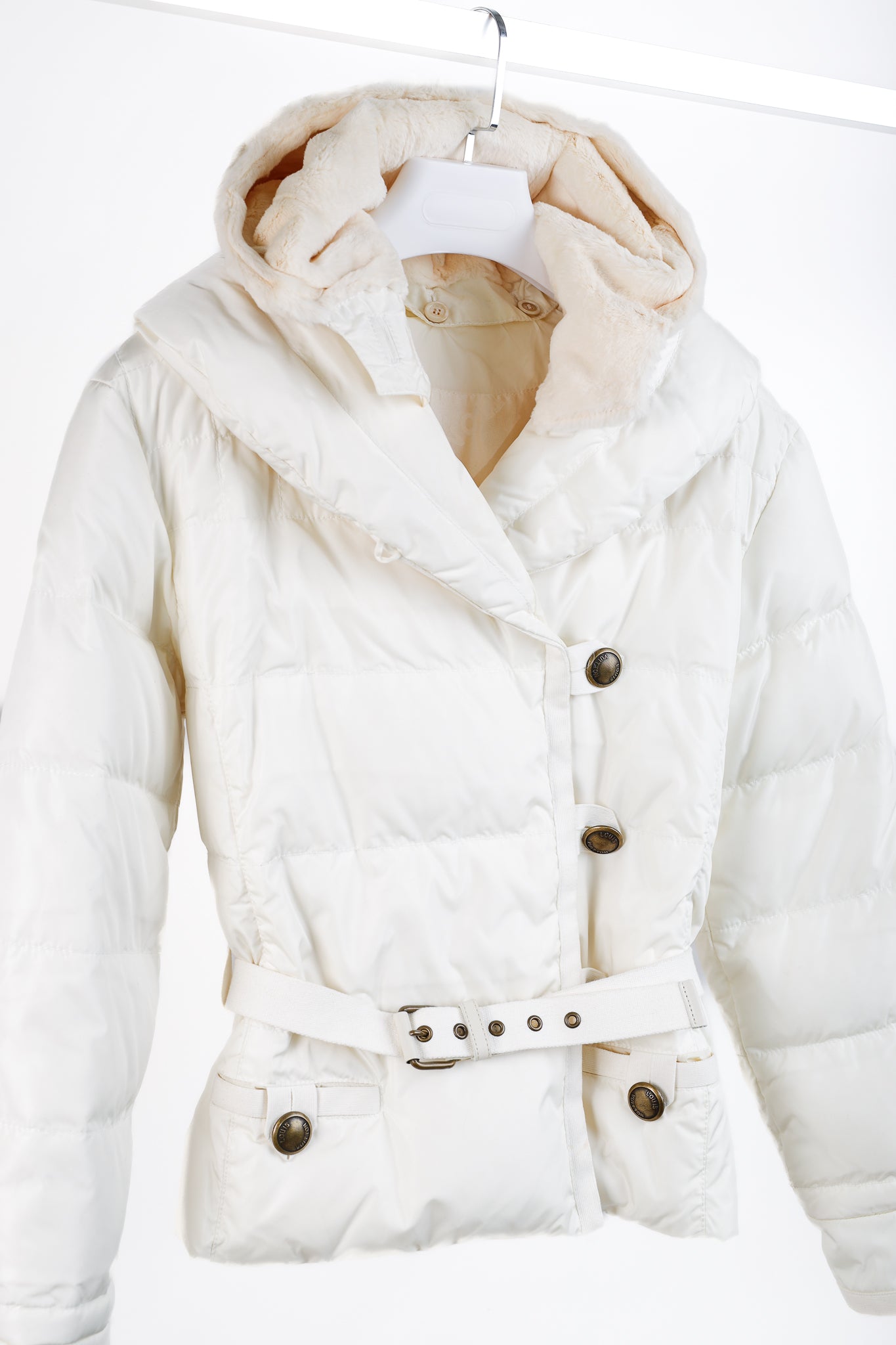 Louis Vuitton Cream Mink-Hood Belted Down Jacket