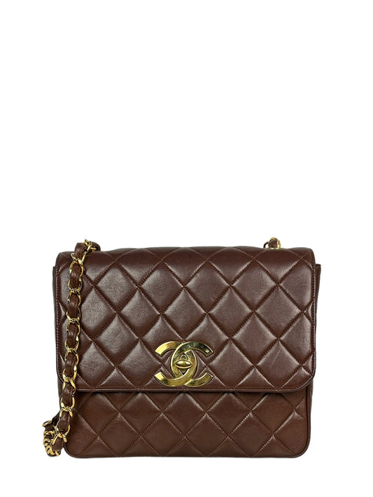 Chanel 1990s Brown Lambskin Leather CC Flap Bag - Rovelle Bags