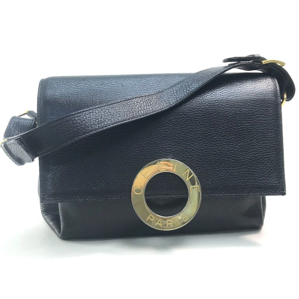 CELINE Handbag leather Black x Gold Metal Circle logo Women Secondhand