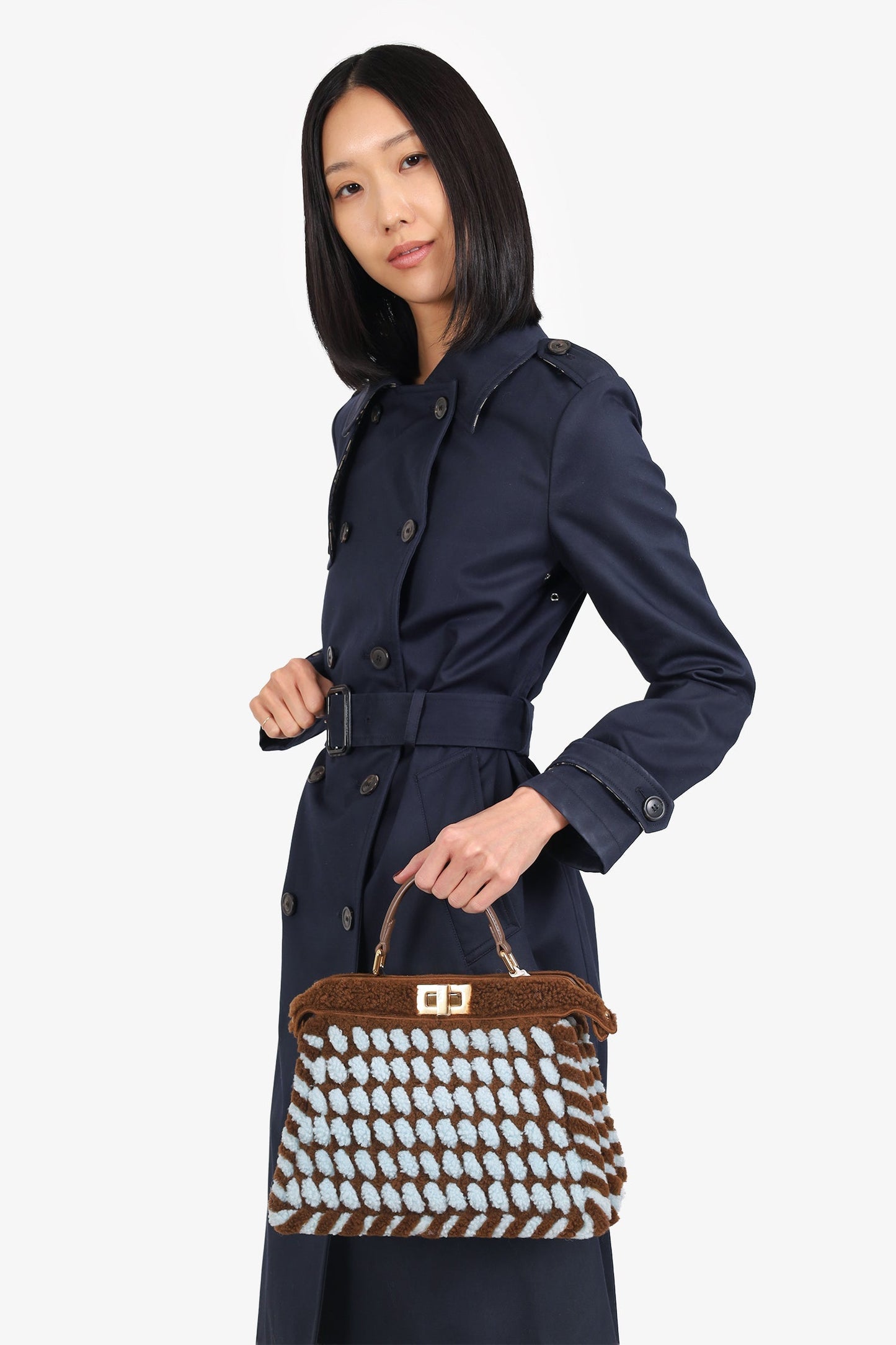 Fendi 2023 Brown/Blue Small Shearling Peekaboo With Strap