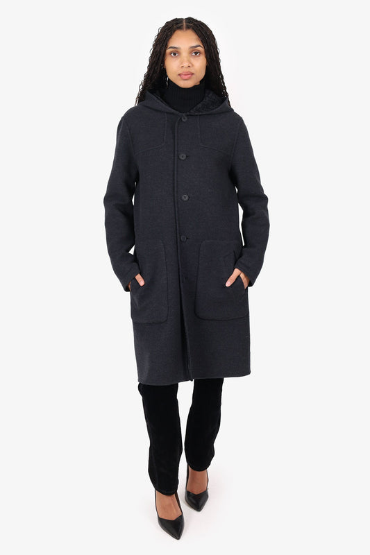 Fendi Grey Wool Montgomery Reversible Logo-Print Coat Size 44